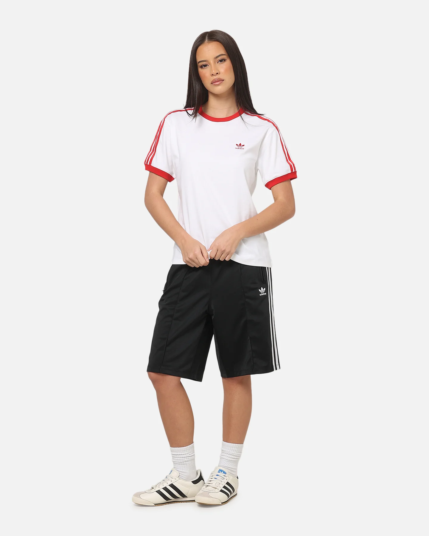 Adidas Women's 3 Stripe T-Shirt White/Red - Image 2