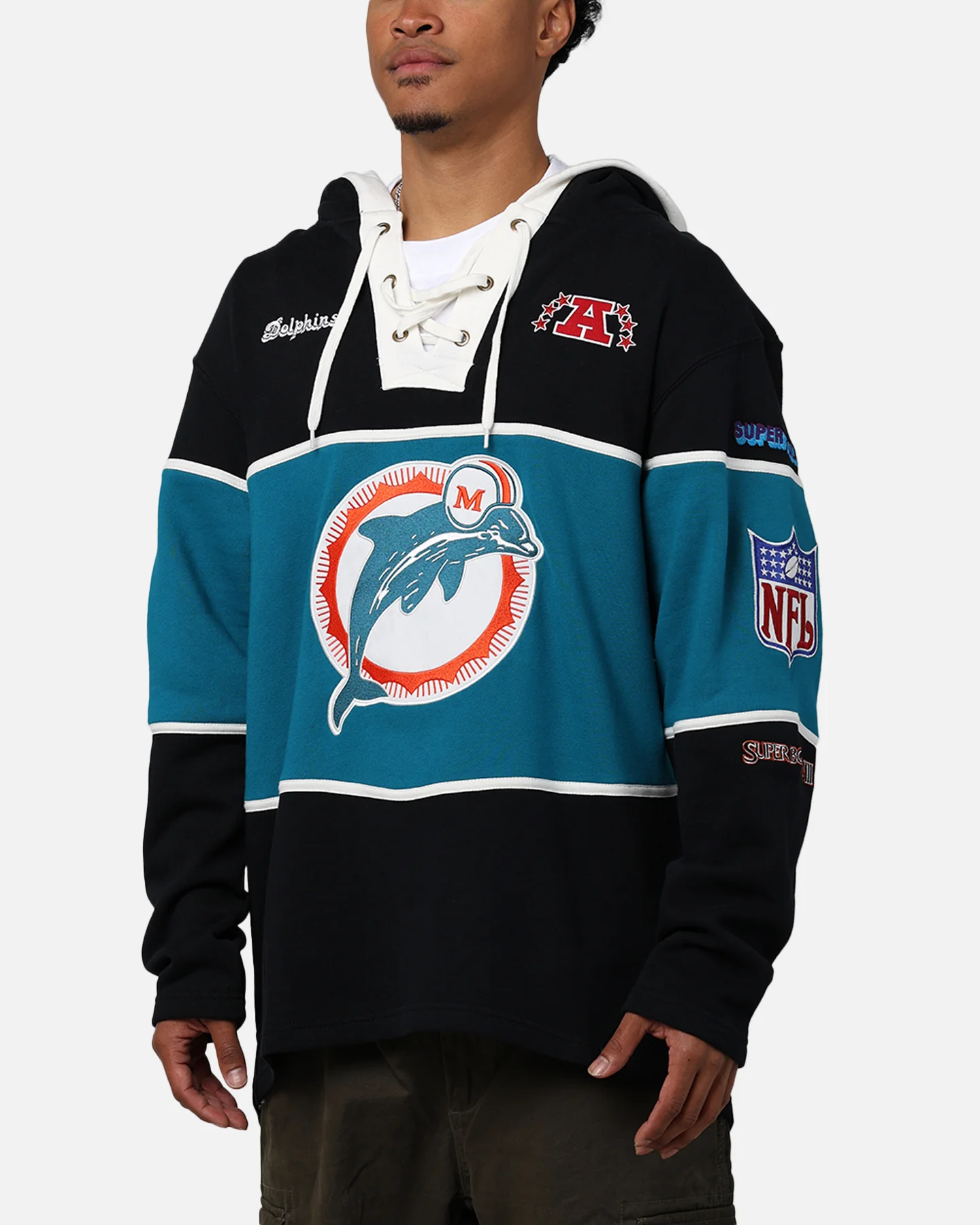 47 Brand Miami Dolphins Super Bowl Gridiron Lacer Hoodie Jet Black - Image 7