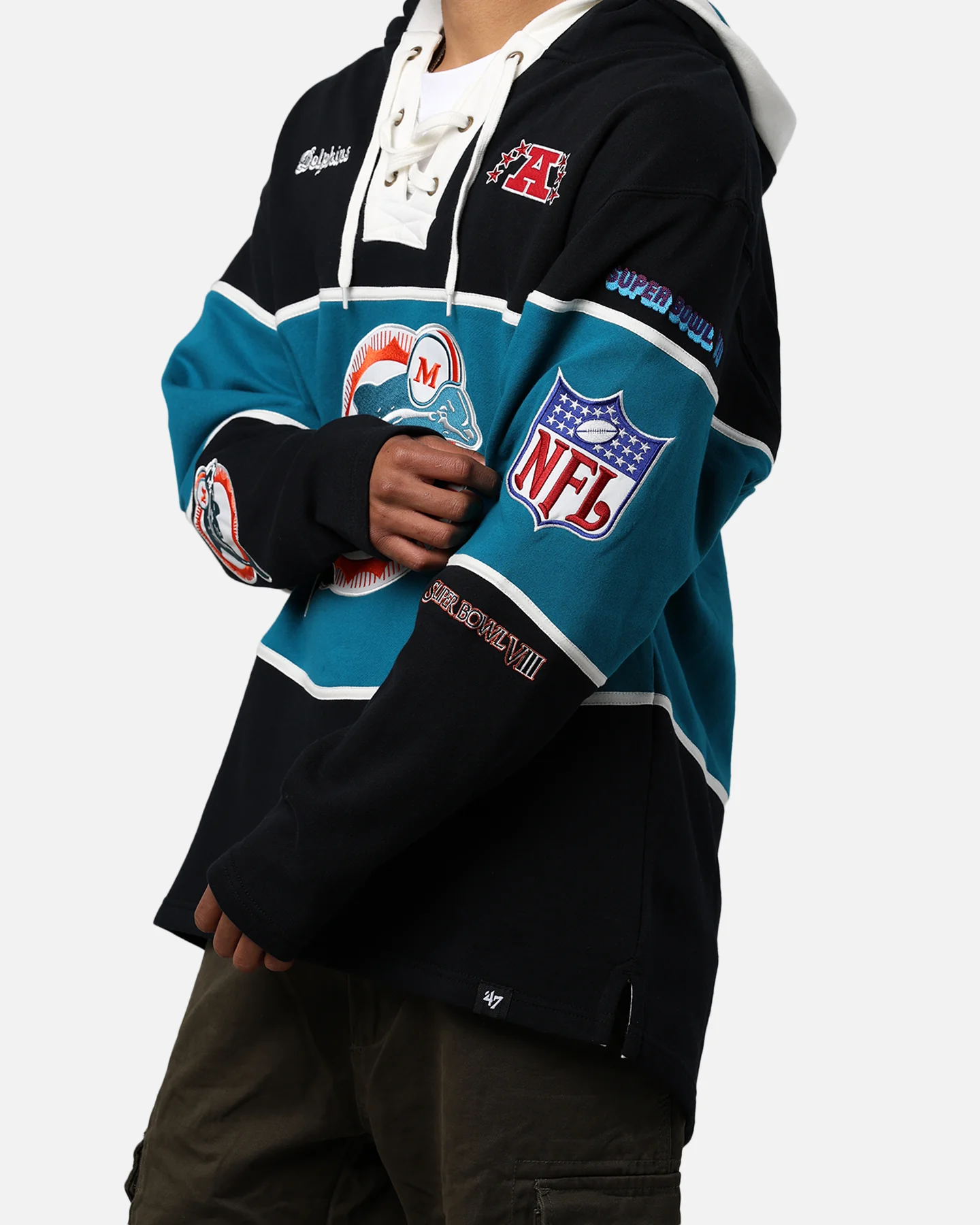 47 Brand Miami Dolphins Super Bowl Gridiron Lacer Hoodie Jet Black - Image 8