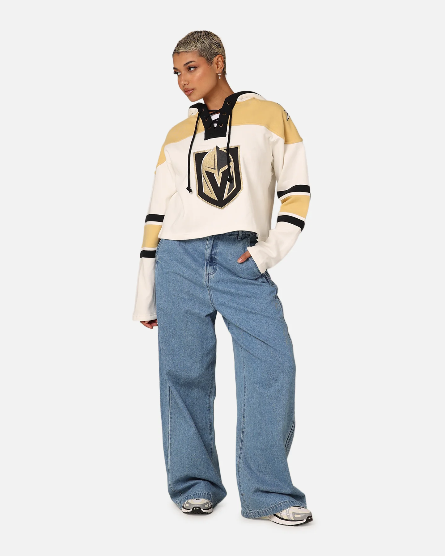 47 Brand Women's Vegas Golden Knights Cropped Lacer Hoodie White Wash - Image 2