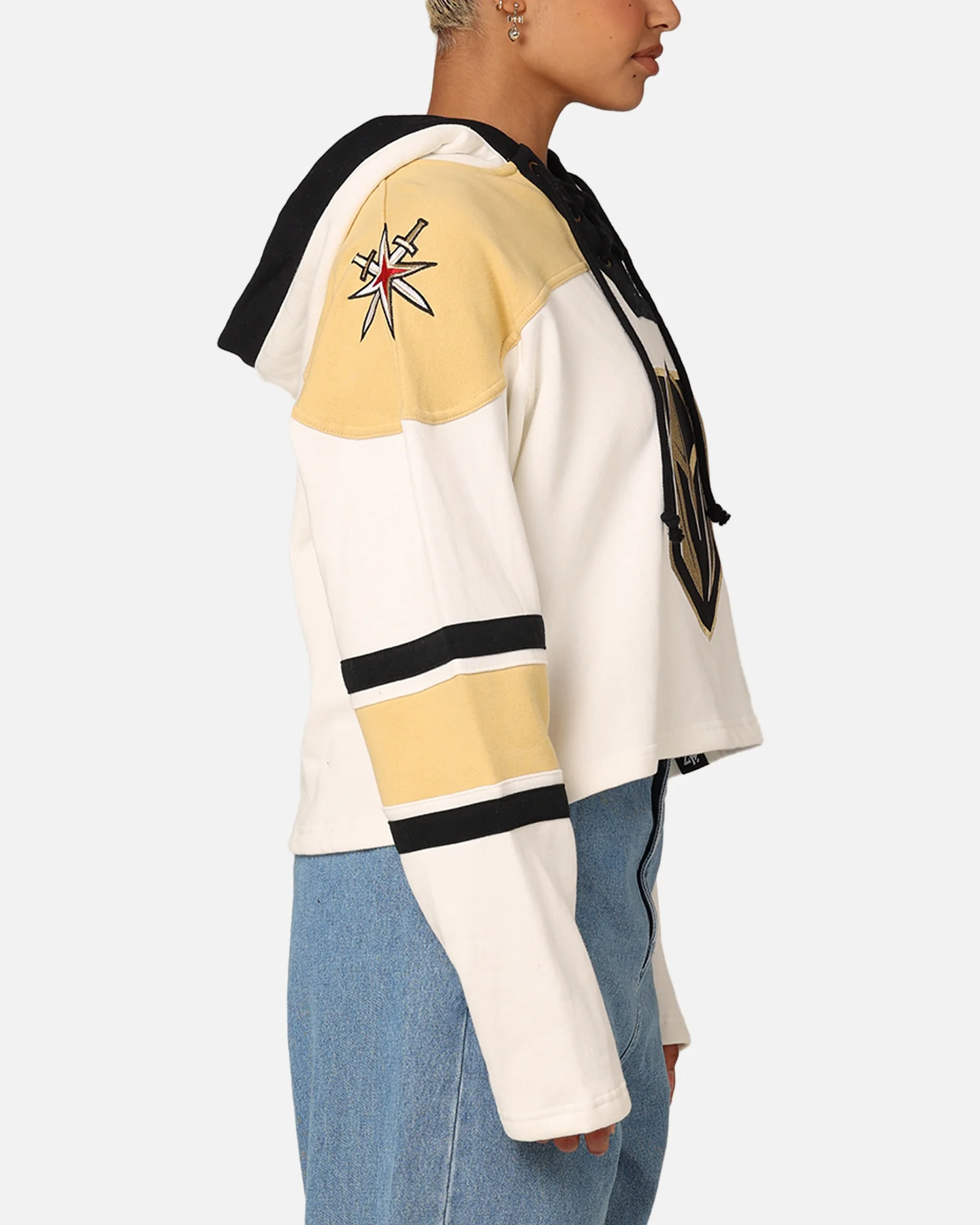 47 Brand Women's Vegas Golden Knights Cropped Lacer Hoodie White Wash - Image 4