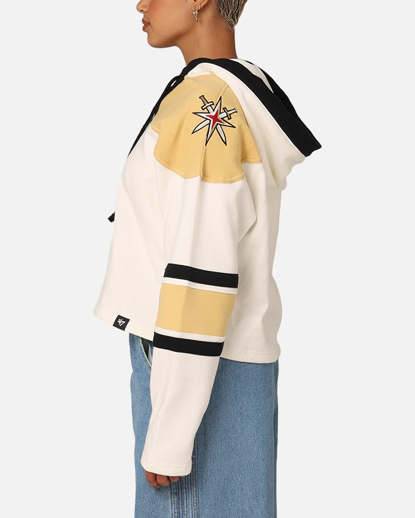 47 Brand Women's Vegas Golden Knights Cropped Lacer Hoodie White Wash - Image 5