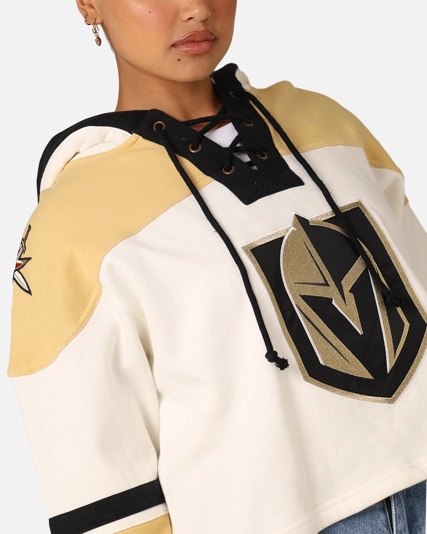 47 Brand Women's Vegas Golden Knights Cropped Lacer Hoodie White Wash - Image 6