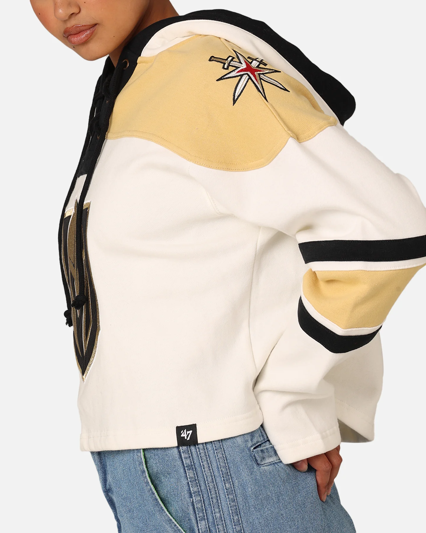 47 Brand Women's Vegas Golden Knights Cropped Lacer Hoodie White Wash - Image 7
