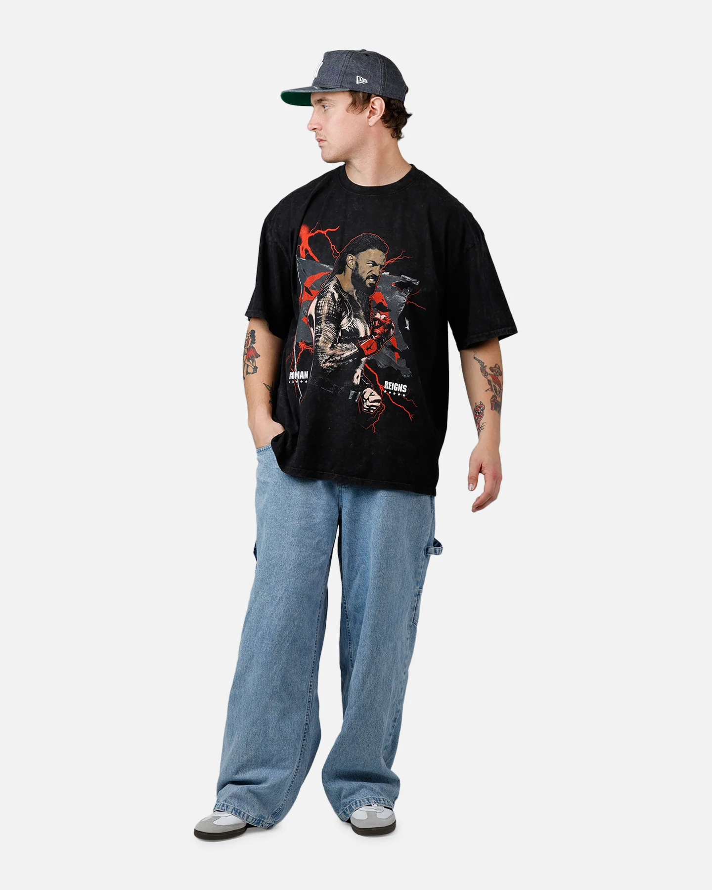 73Studio X WWE Wrestlemania 42 Roman Reigns T-Shirt Black Acidwash - Image 3