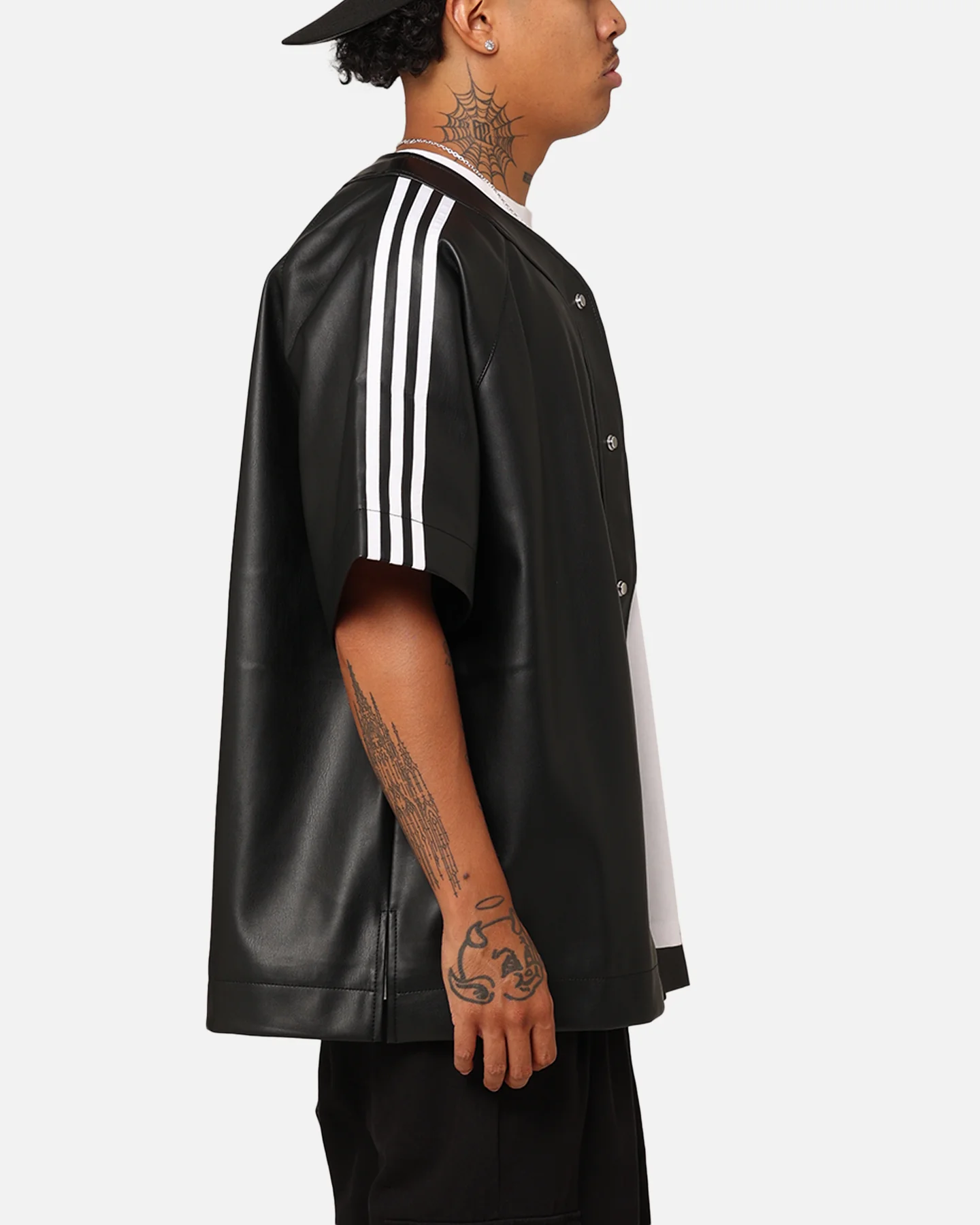 Adidas Faux Leather Adicolour 3-Stripes Baseball T-Shirt Black - Image 5