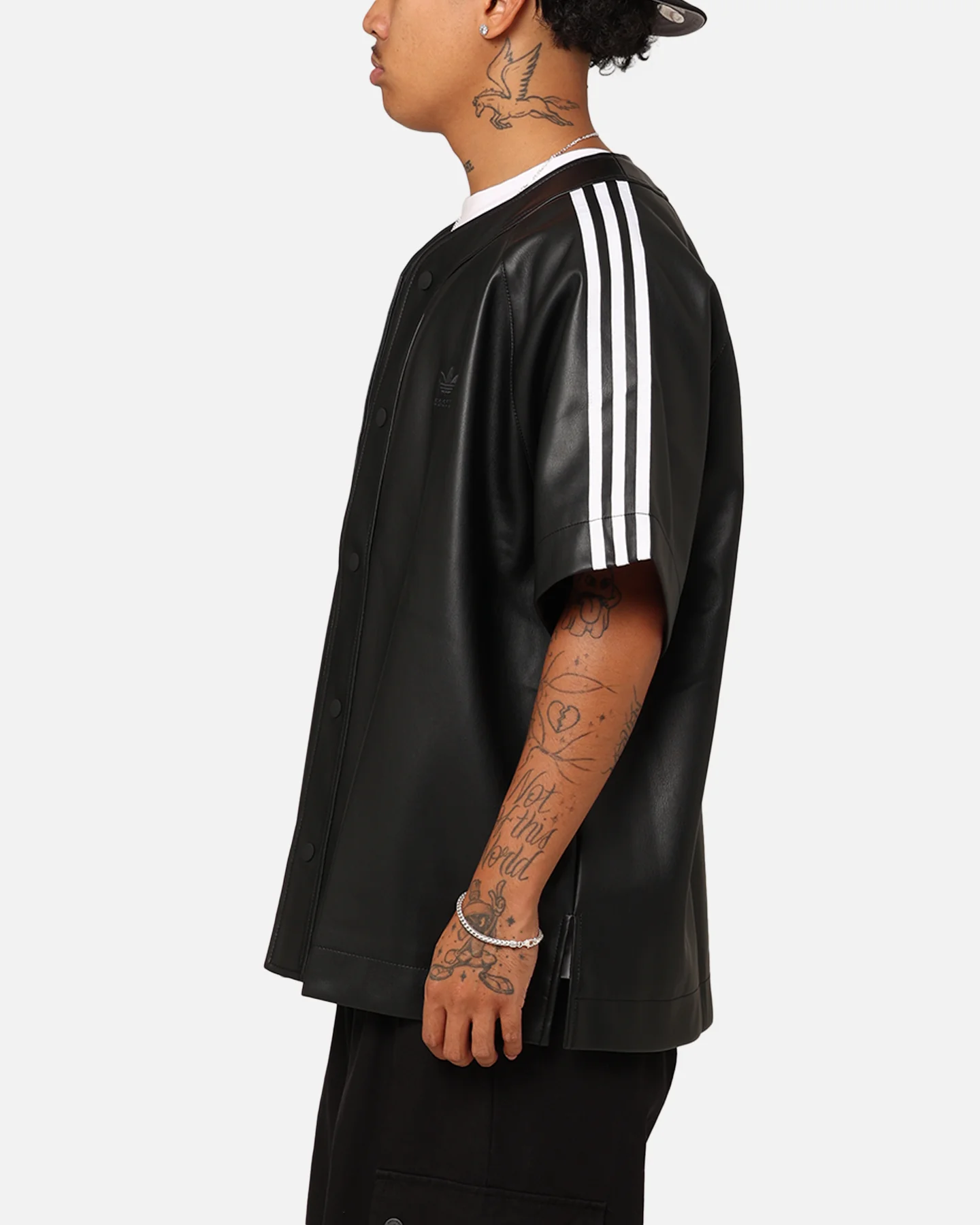Adidas Faux Leather Adicolour 3-Stripes Baseball T-Shirt Black - Image 6