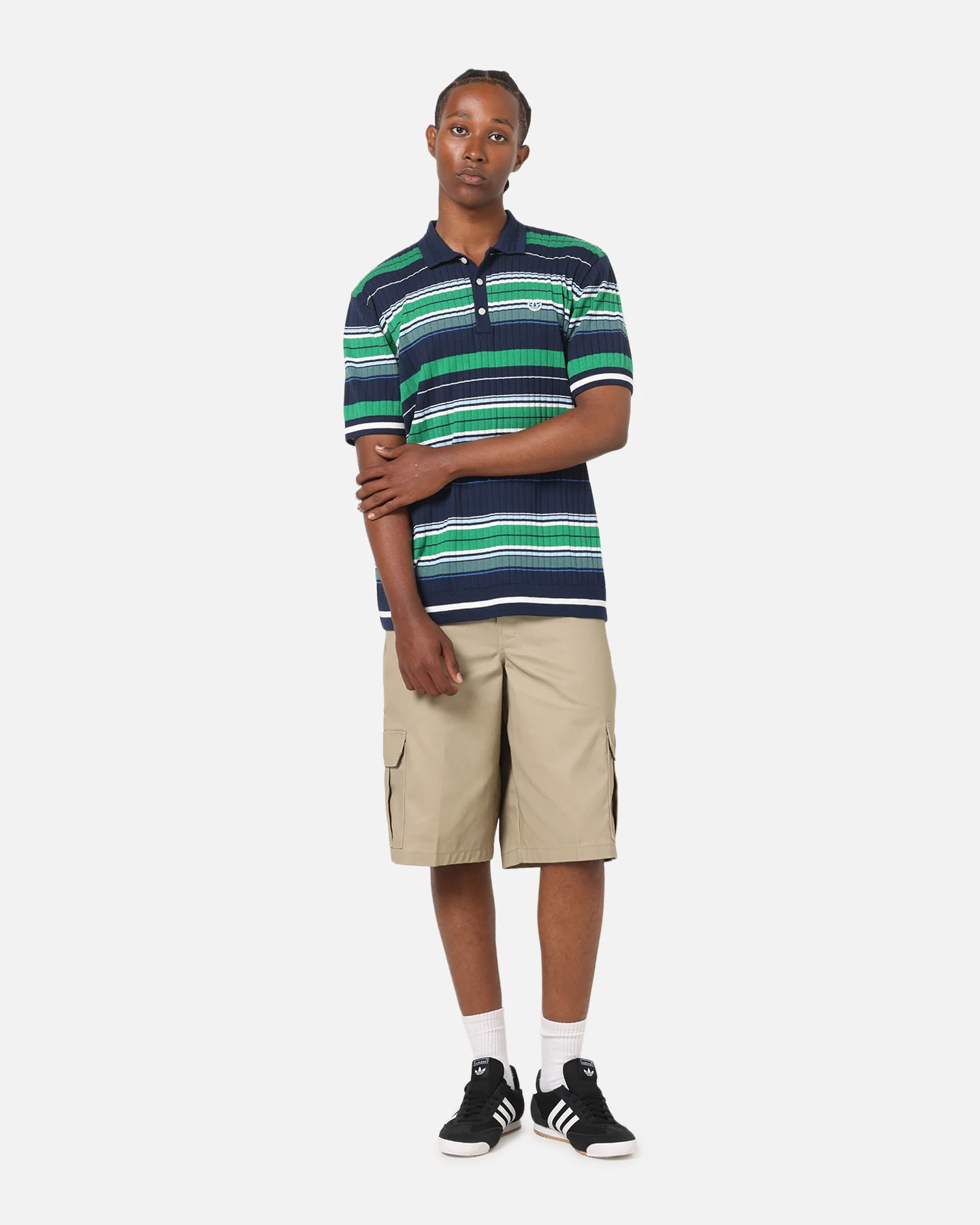 Adidas Originals Knit Stripe Polo T-Shirt Night Indigo/Green - Image 2