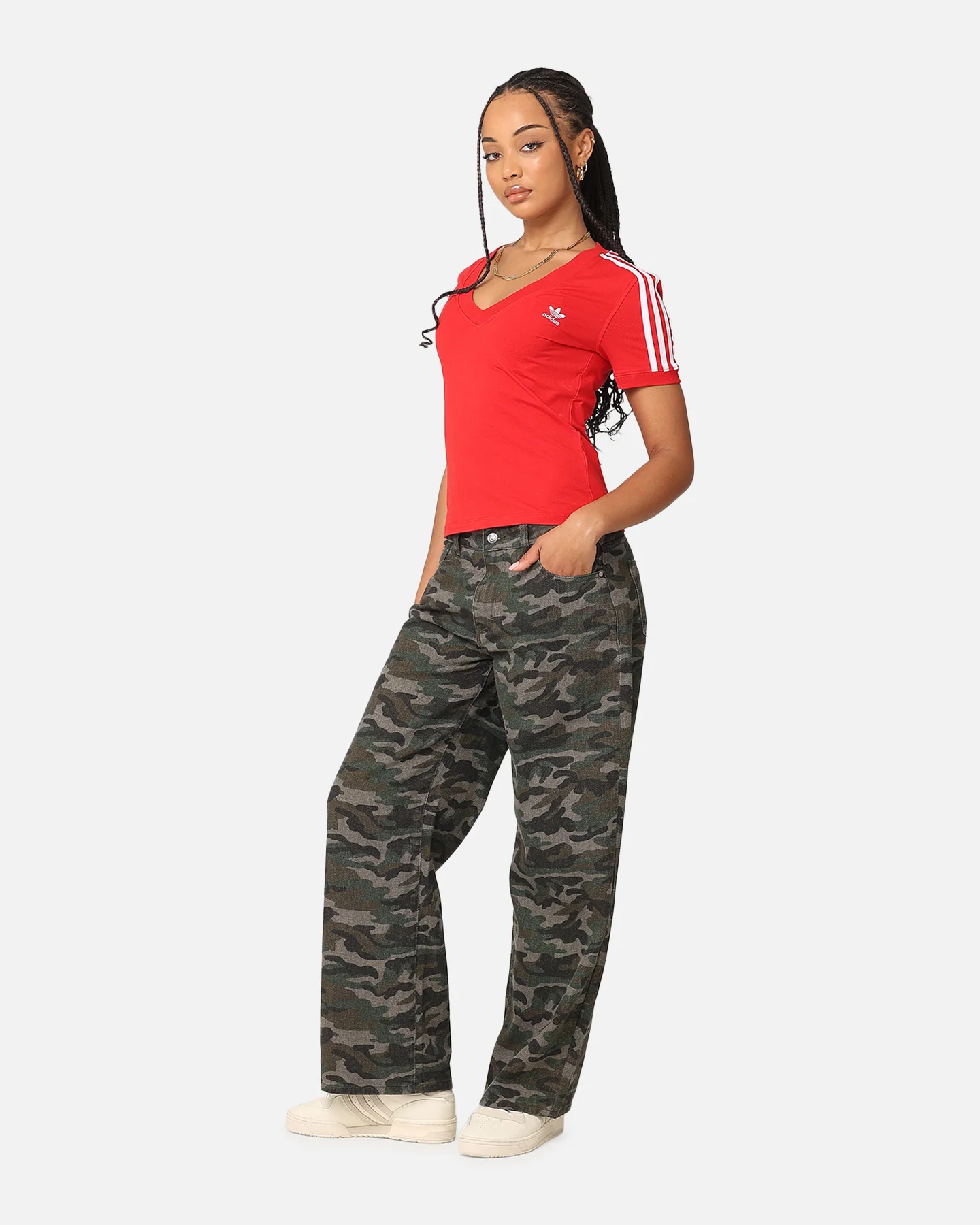 Adidas Women's 3 Stripe V-Neck T-Shirt Better Scarlet - Image 2