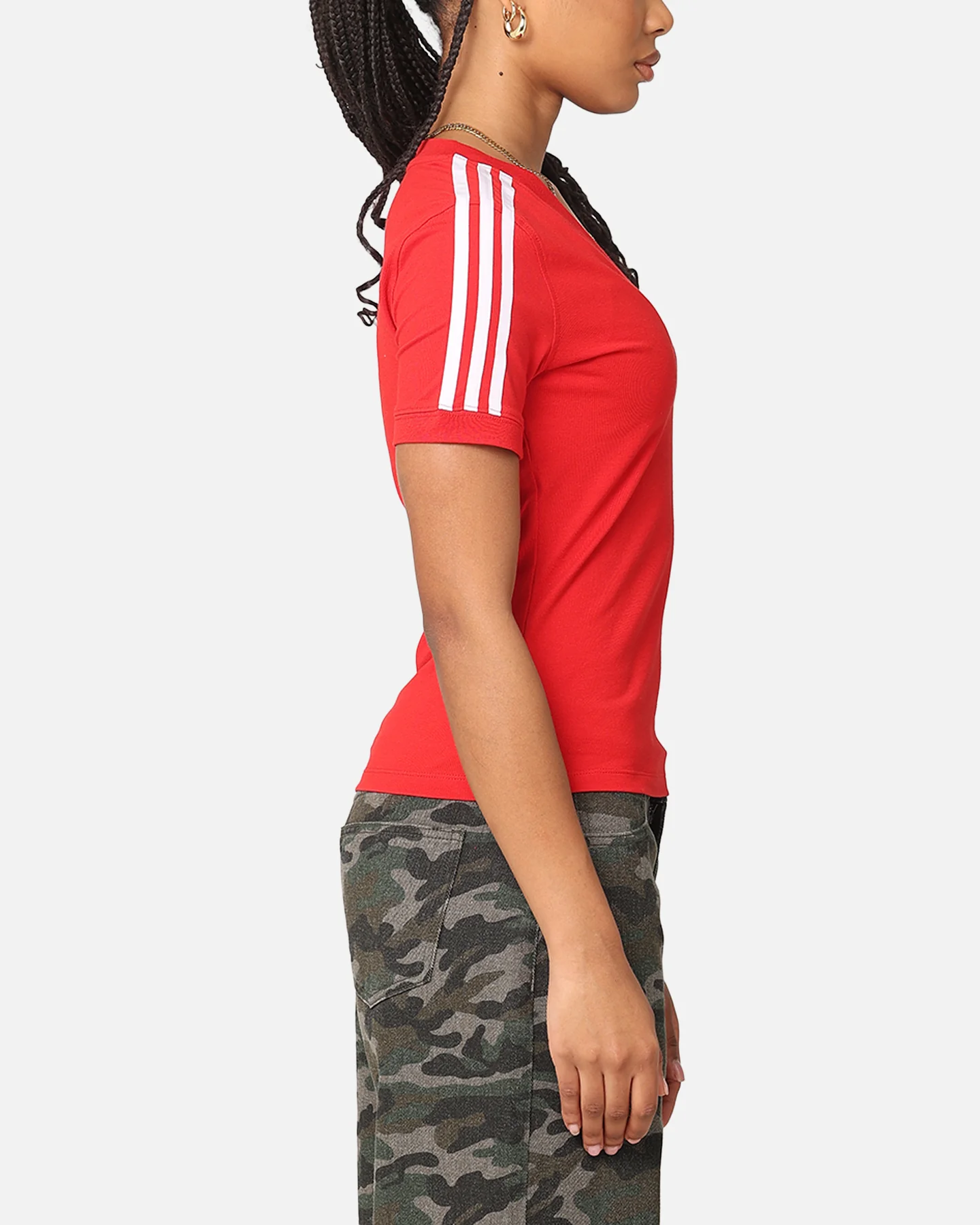Adidas Women's 3 Stripe V-Neck T-Shirt Better Scarlet - Image 4