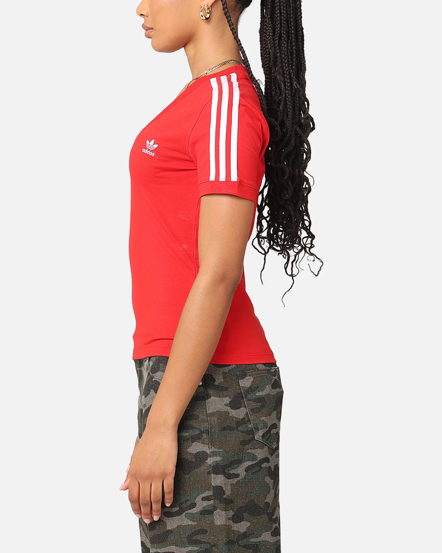 Adidas Women's 3 Stripe V-Neck T-Shirt Better Scarlet - Image 5