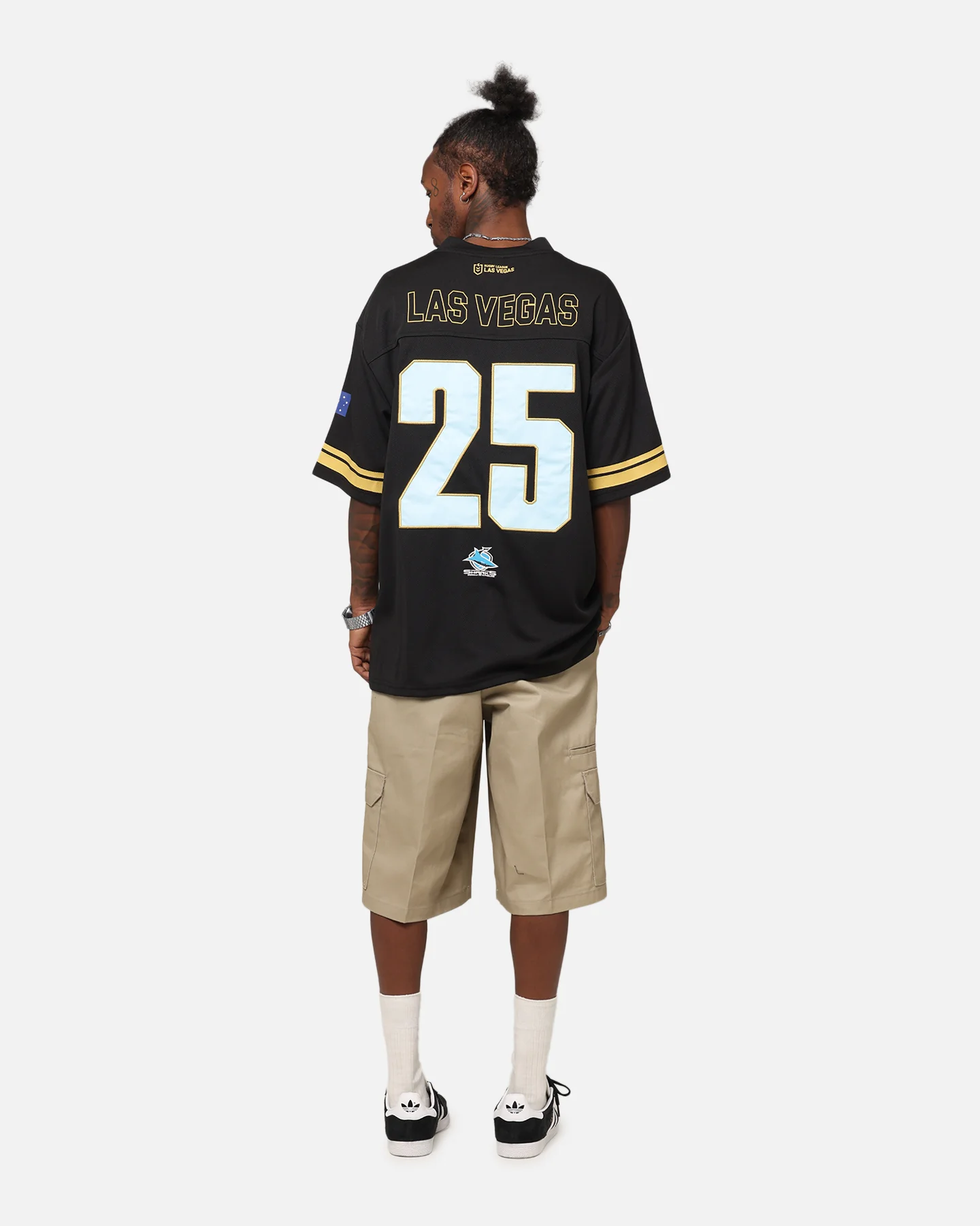 Bleacher Athletic Cronulla Sutherland Sharks NRL 2025 Las Vegas Round Grid Iron T-Shirt Official Team Colour - Image 4