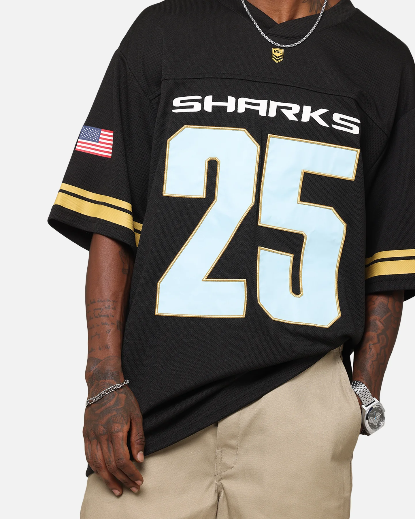 Bleacher Athletic Cronulla Sutherland Sharks NRL 2025 Las Vegas Round Grid Iron T-Shirt Official Team Colour - Image 7