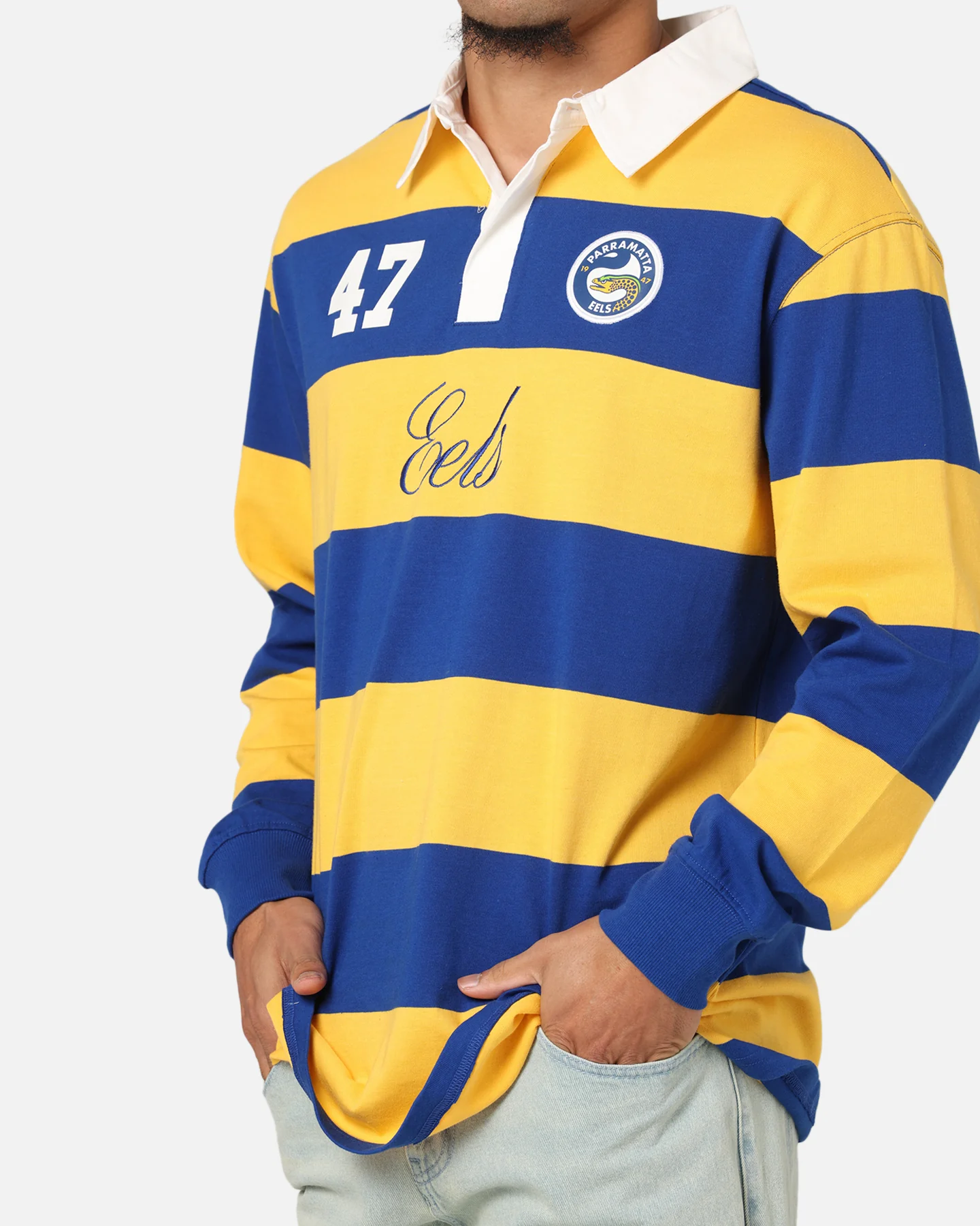Bleacher Athletic Parramatta Eels NRL Stripe Rugby Polo Shirt Official Team Colour - Image 6
