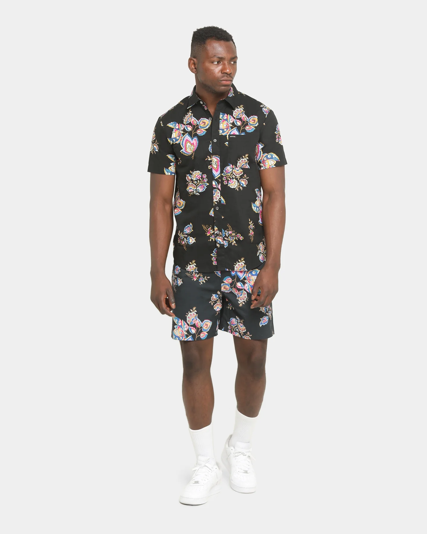 Brixton Charter Print Short Sleeve Woven Shirt Black/Purple - Image 2