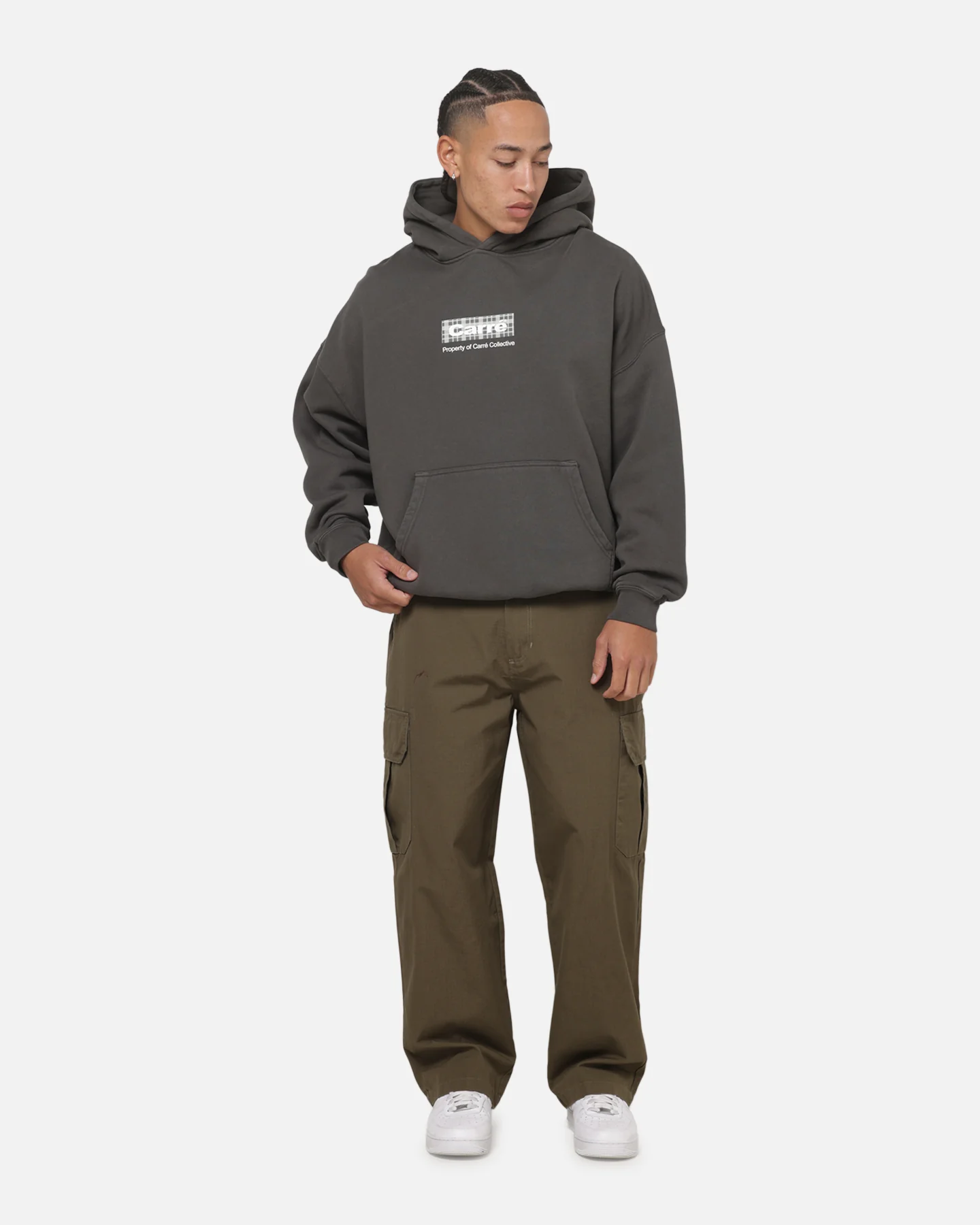 Carre Box Check Hoodie Charcoal - Image 2