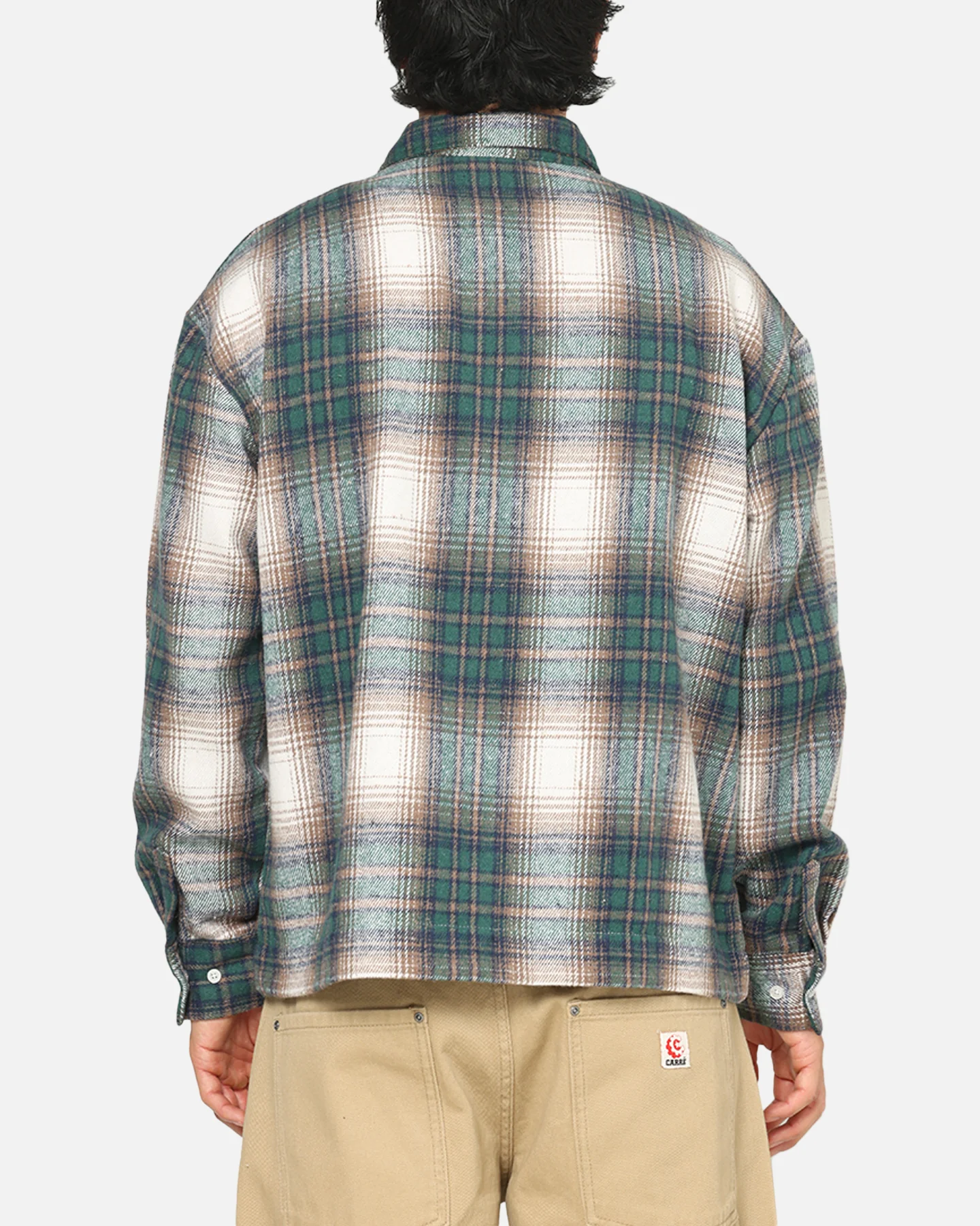 Carre Ombre Zip Up Long Sleeve Shirt Green Plaid - Image 3