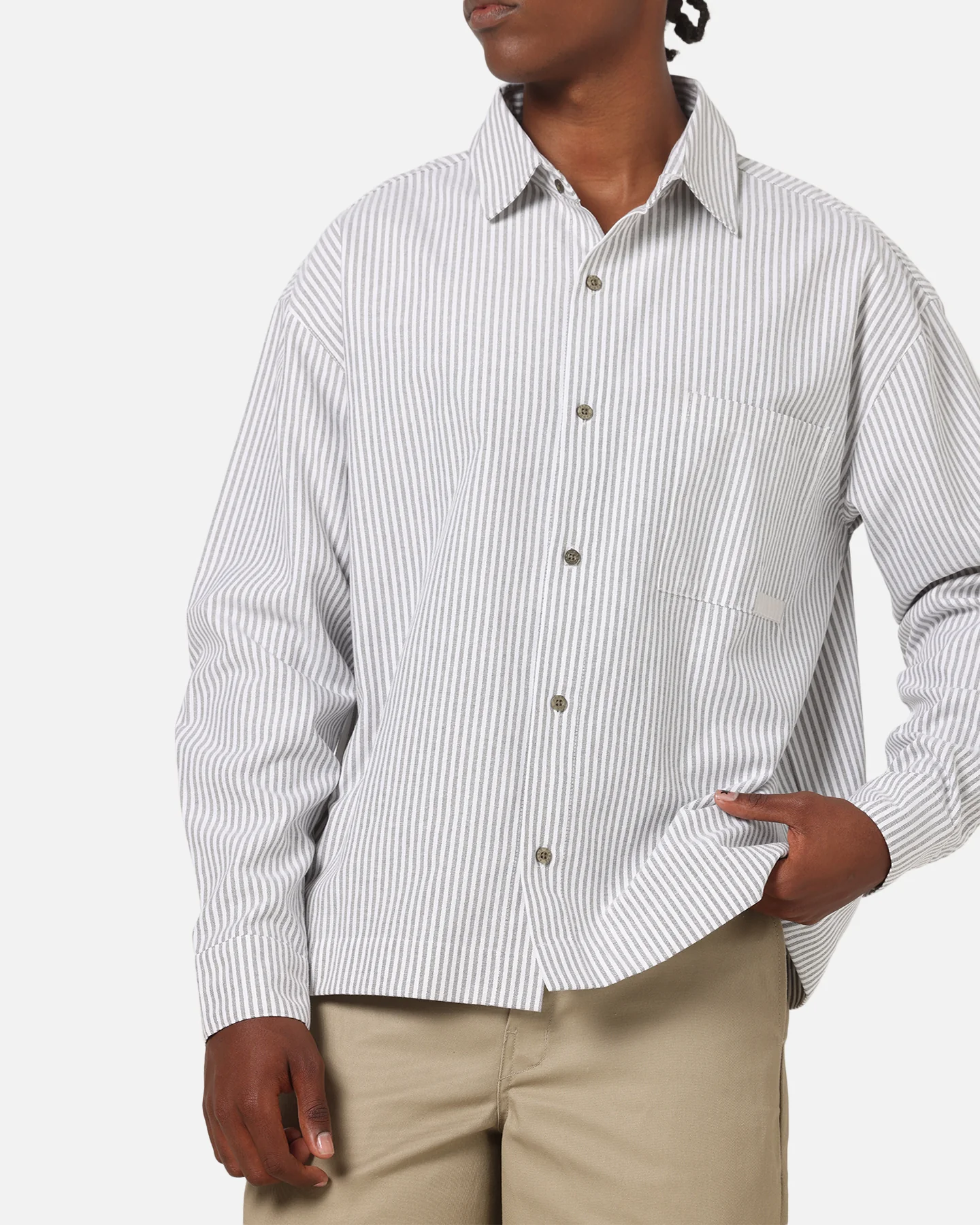 Carre Oxford Stripe Long Sleeve Button Up Shirt White/Green - Image 6