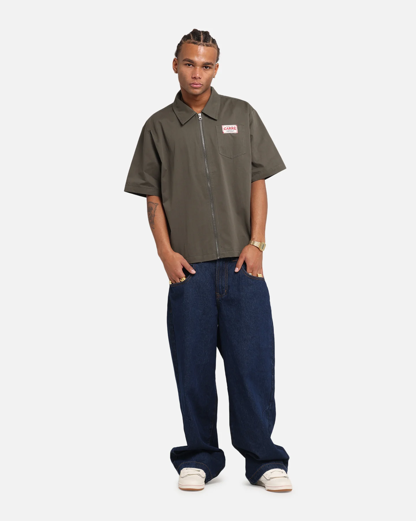 Carre Workwear Zip Up Shirt Khaki - Image 2