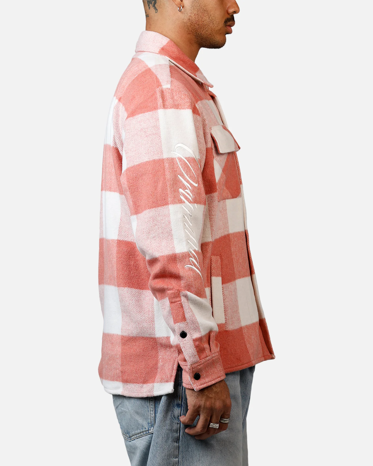 Criminal Damage Embroidered Flannel Shirt Pink - Image 4
