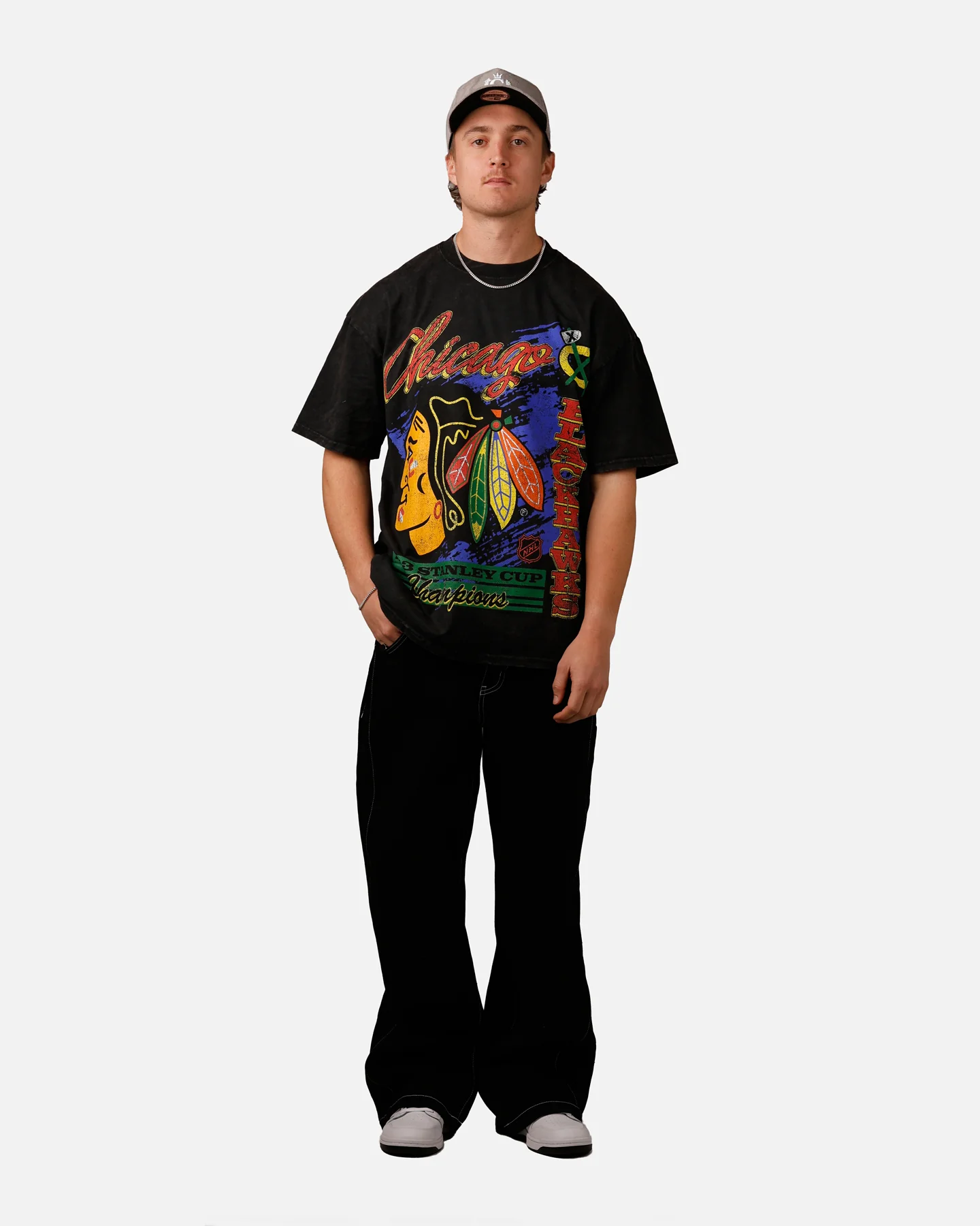 Culture Kings Chicago Blackhawks Vintage T-Shirt Black Acidwash - Image 3