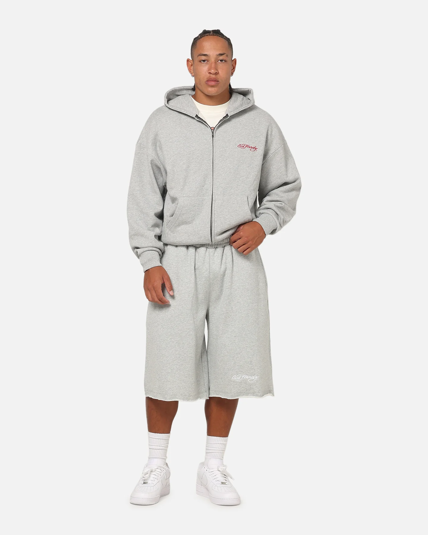 Ed Hardy Baggy Fleece Shorts Grey Marle - Image 2
