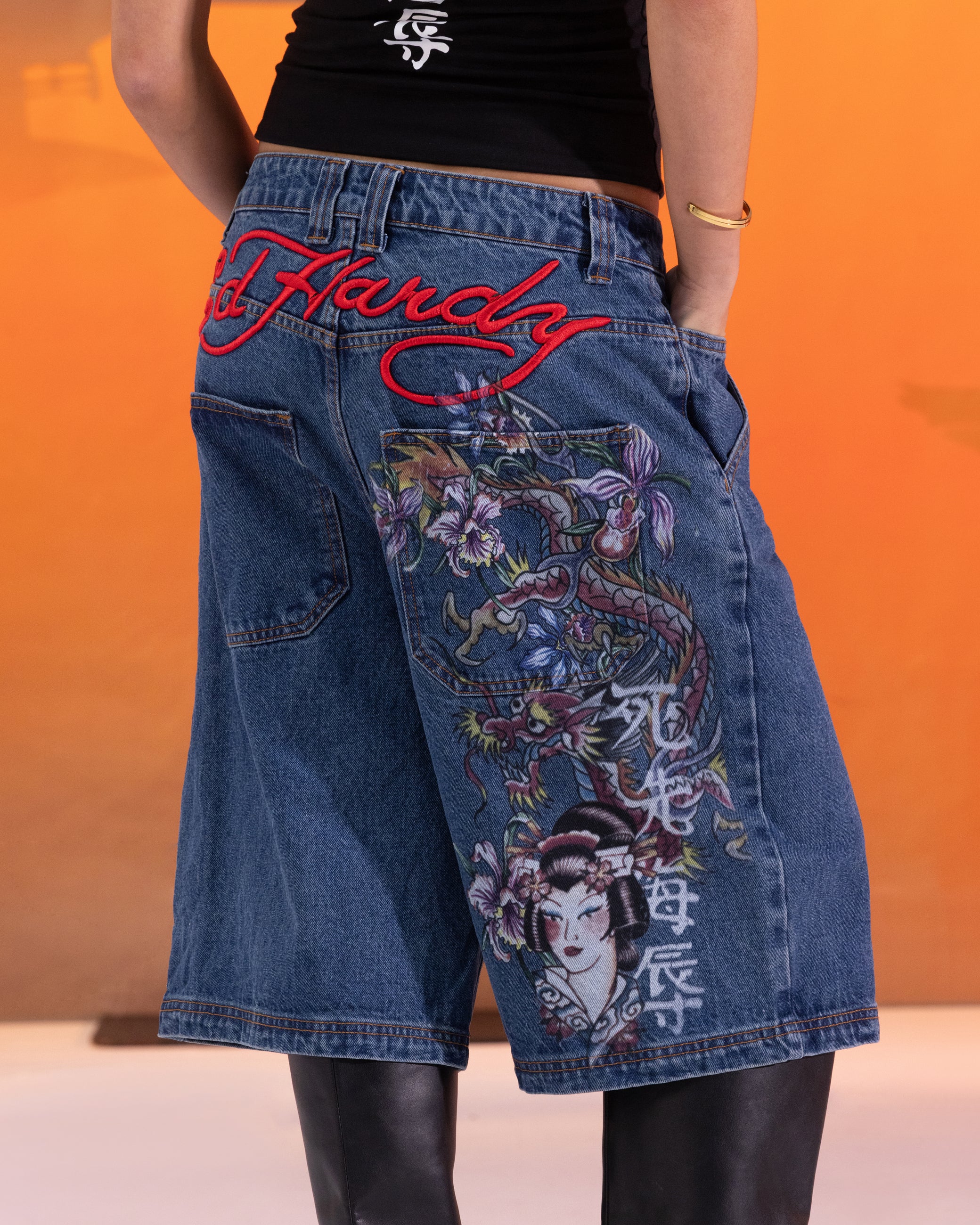 Ed Hardy Women's Death Before Dishonour Jorts Blue Mid Wash - Image 4