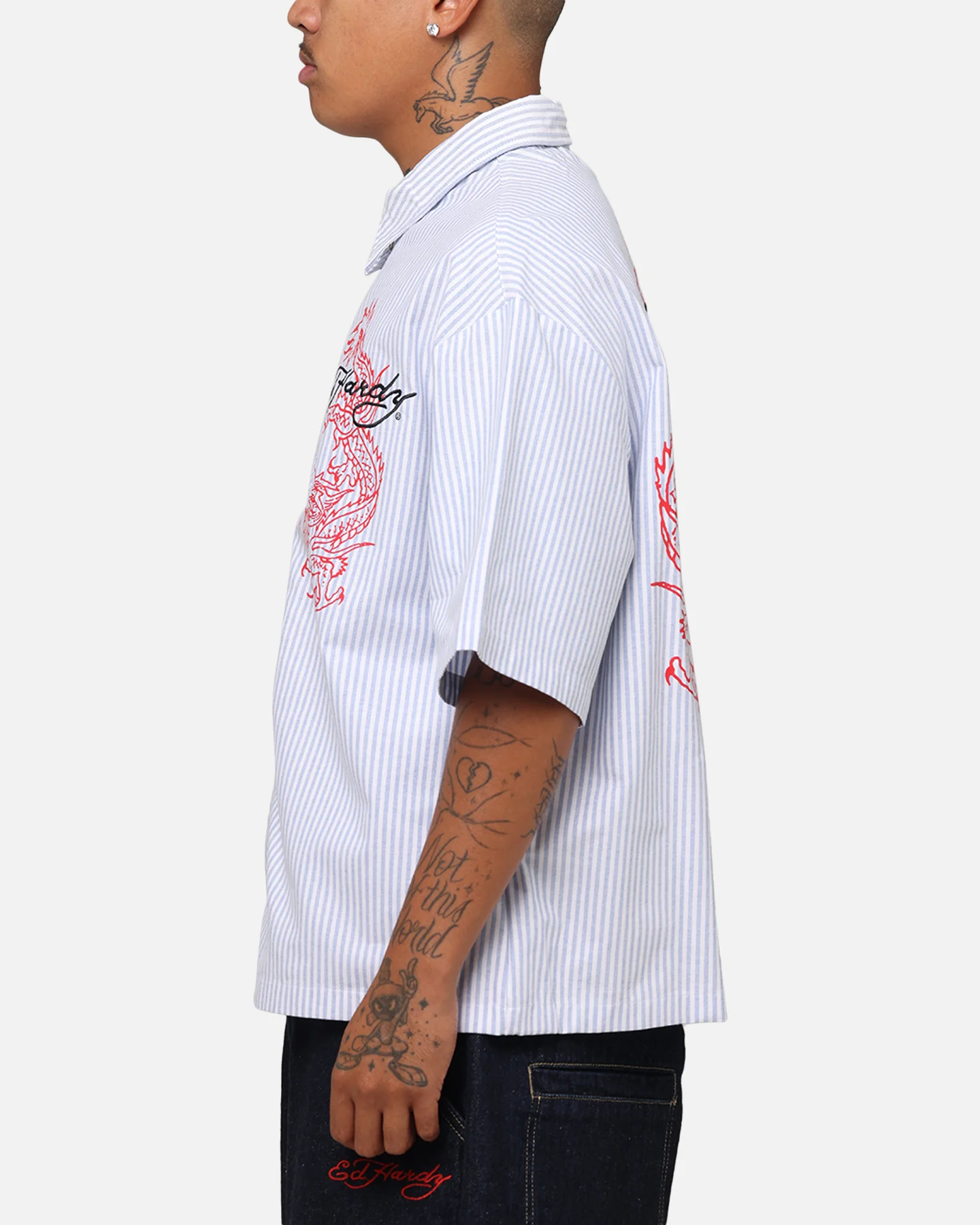Ed Hardy Dragon Zip Shirt Blue Pin Stripe - Image 6