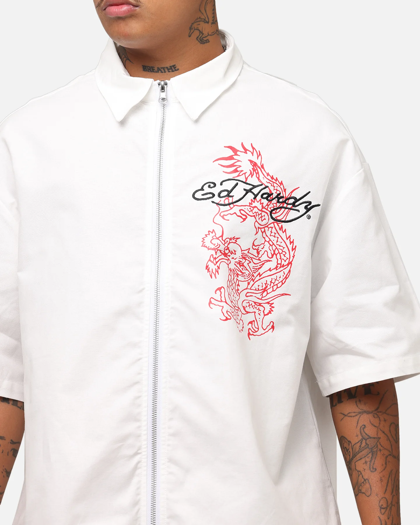 Ed Hardy Dragon Zip Shirt Off White - Image 8