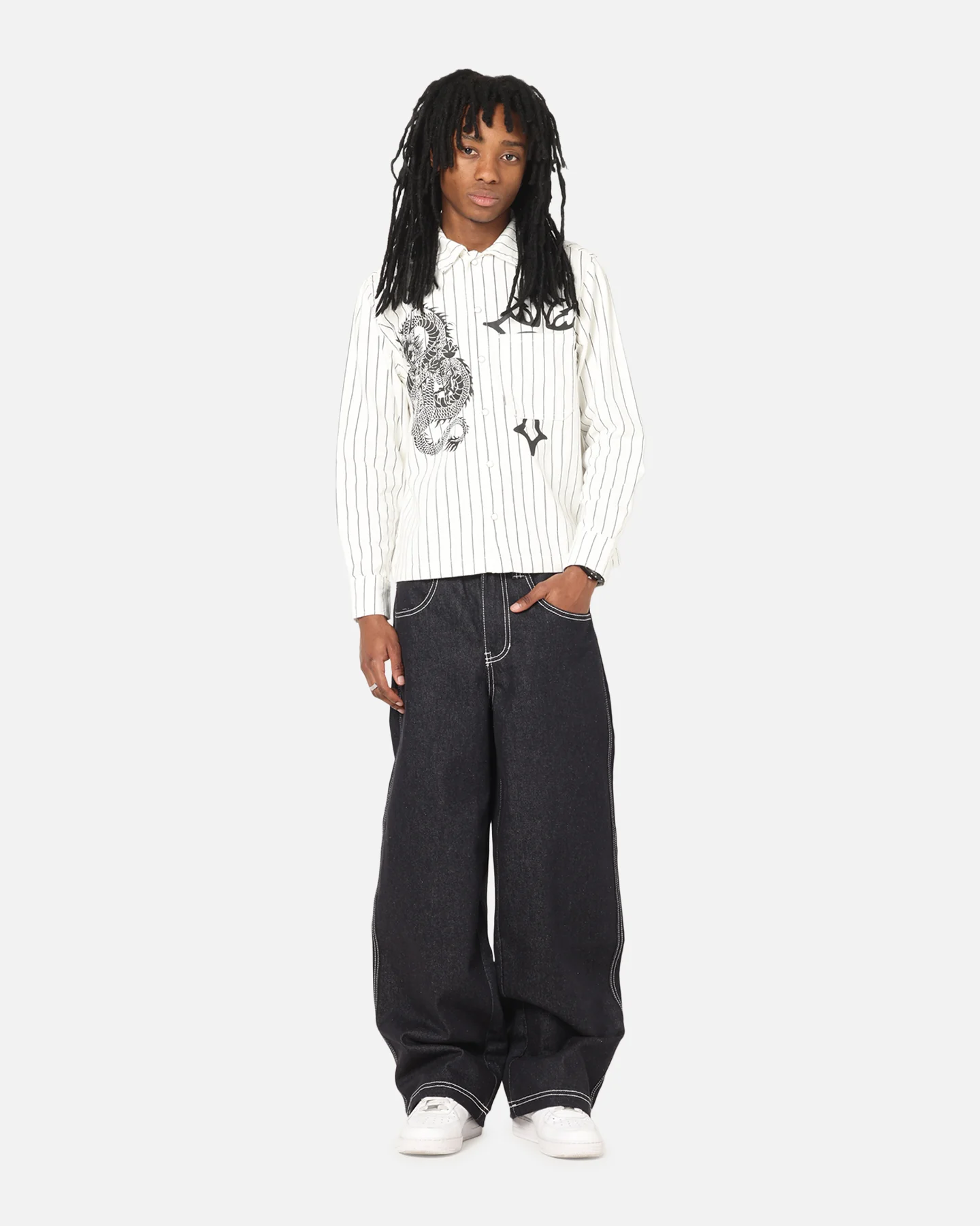Ed Hardy Euro Button Up Shirt White Pinstripe - Image 3