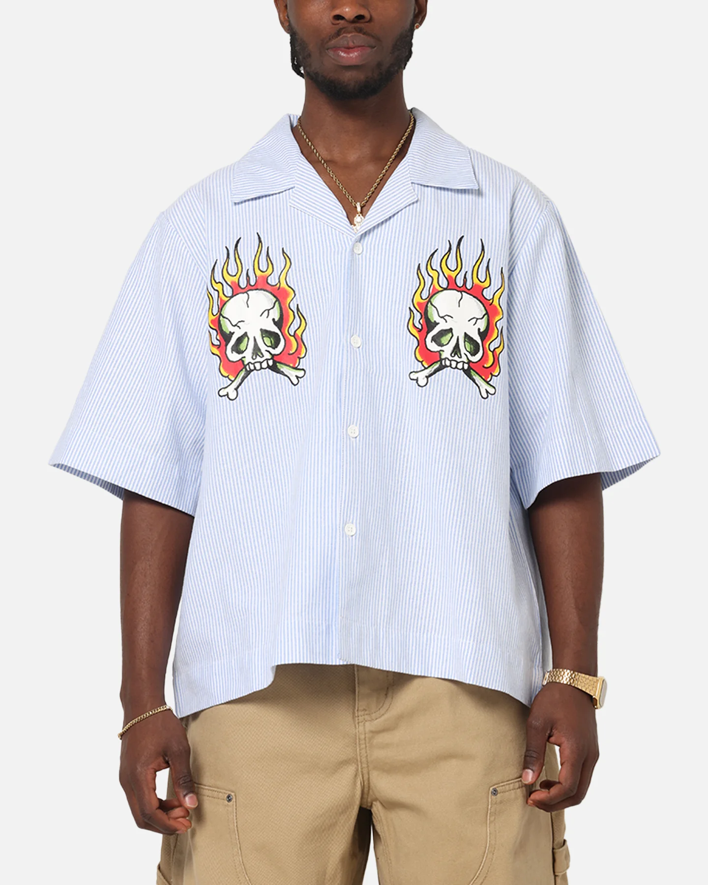 Ed Hardy Flame Stripe Button Up Shirt Blue Pin Stripe - Image 2