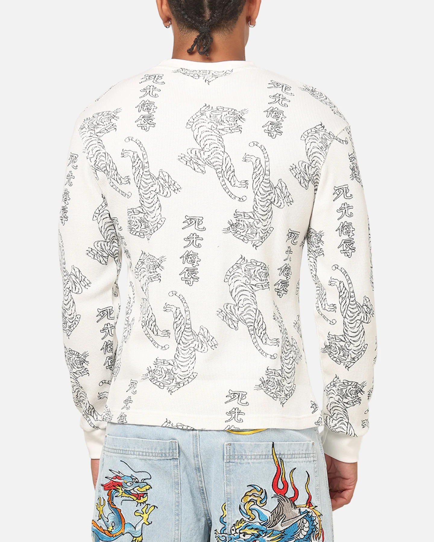 Ed Hardy Tiger Waffle Long Sleeve T-Shirt Off White - Image 2