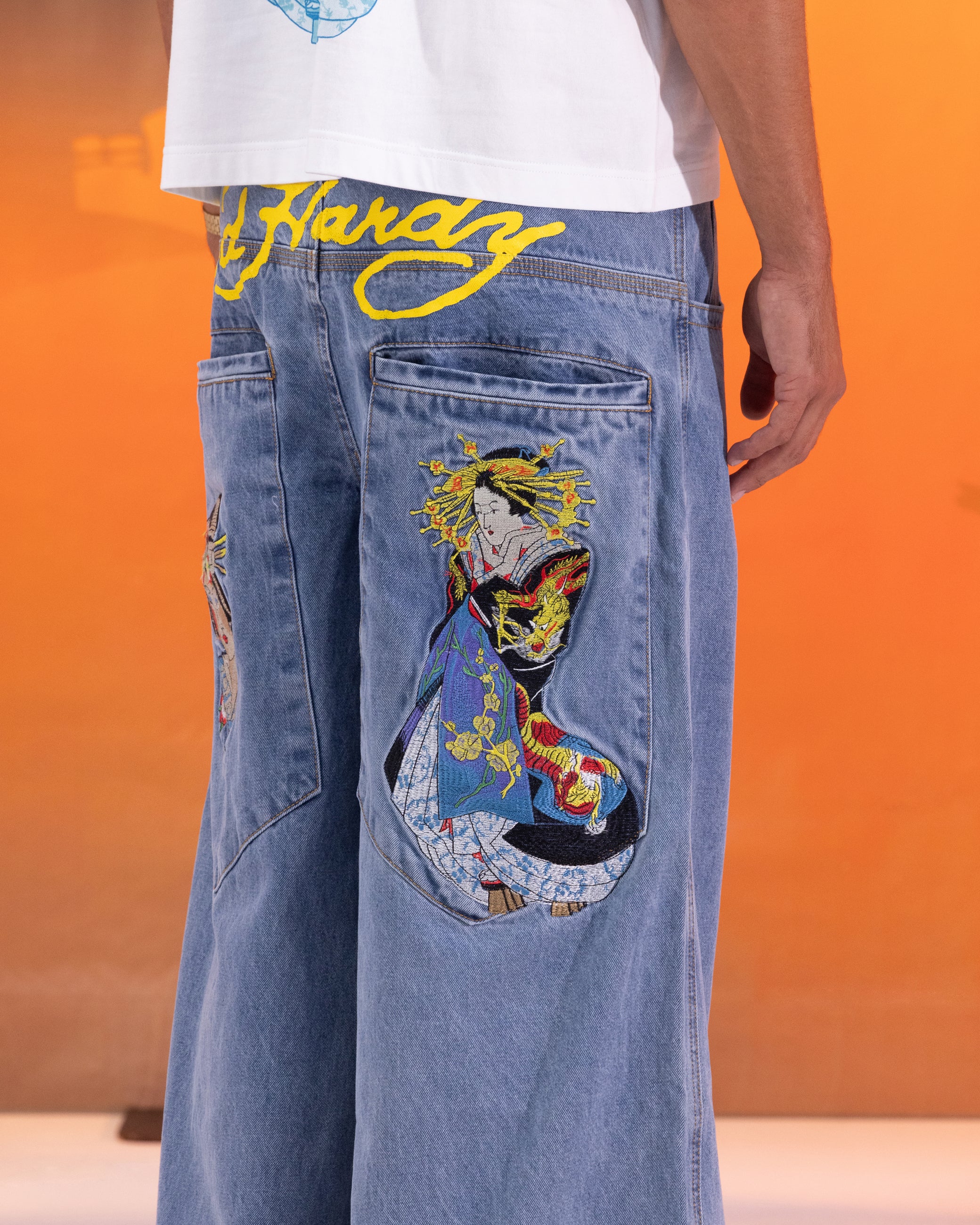 Ed Hardy Ultra Wide Leg Denim Jeans Light Wash Blue - Image 3