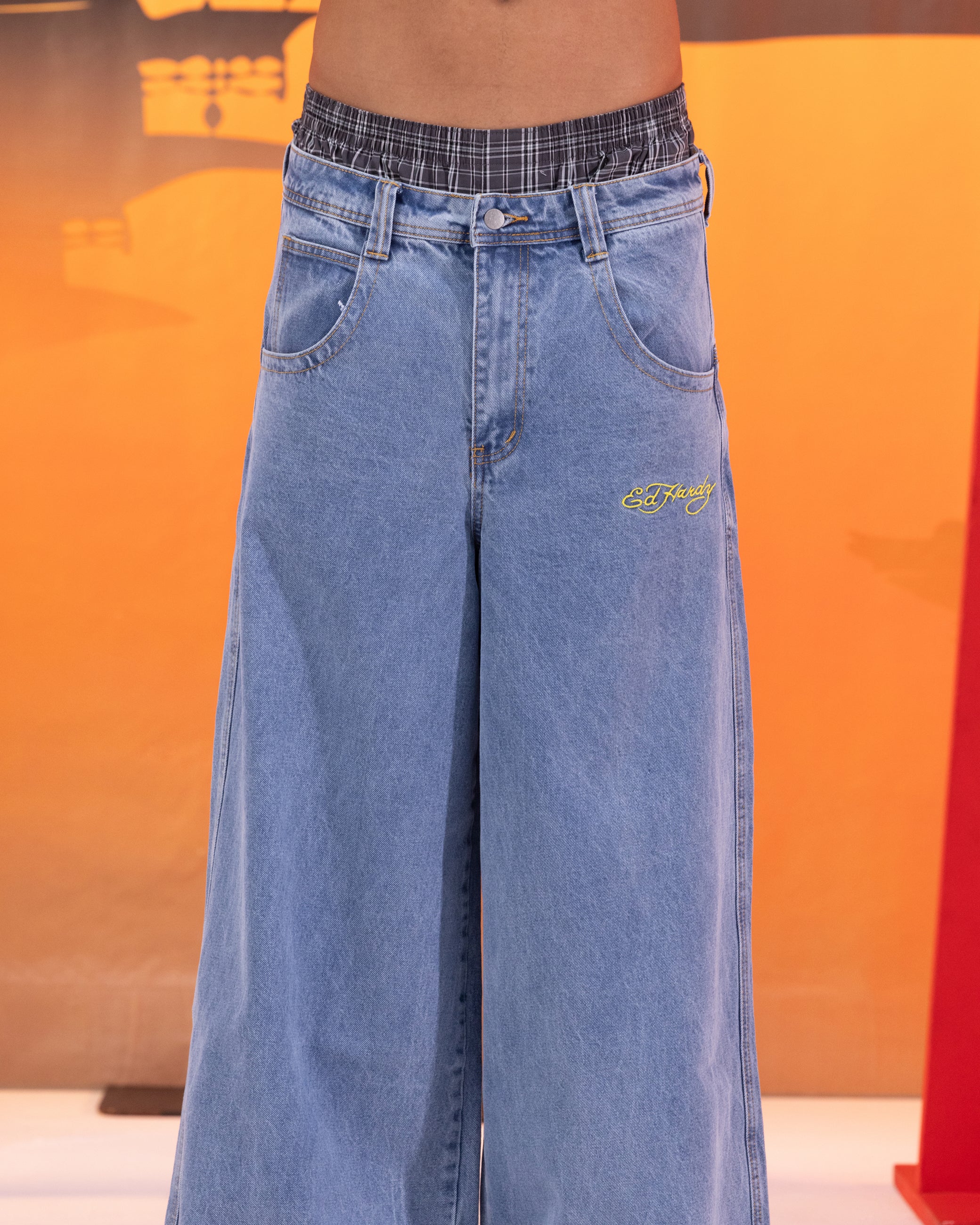 Ed Hardy Ultra Wide Leg Denim Jeans Light Wash Blue - Image 7