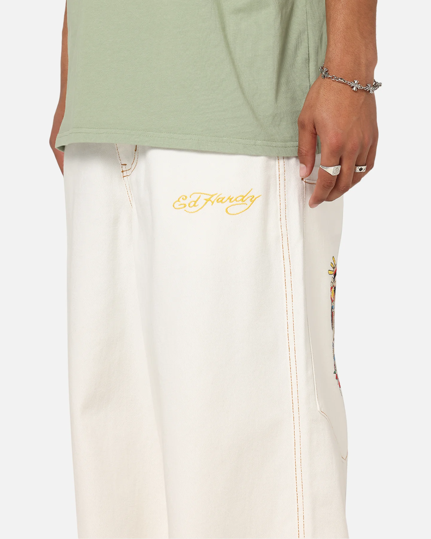 Ed Hardy Ultra Wide Leg Denim Jeans Off White/Yellow - Image 4