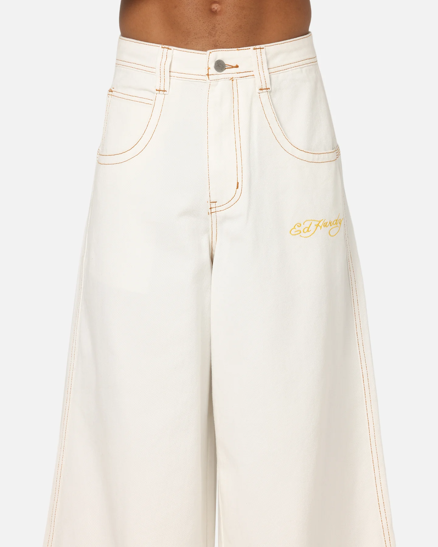 Ed Hardy Ultra Wide Leg Denim Jeans Off White/Yellow - Image 9