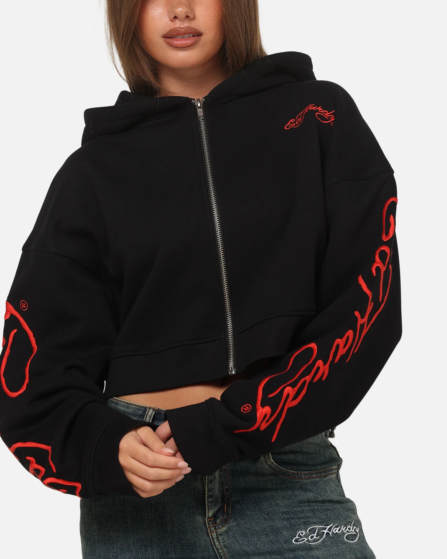 Ed Hardy Women's Afterburn Cropped Hoodie Black/Red - Image 8