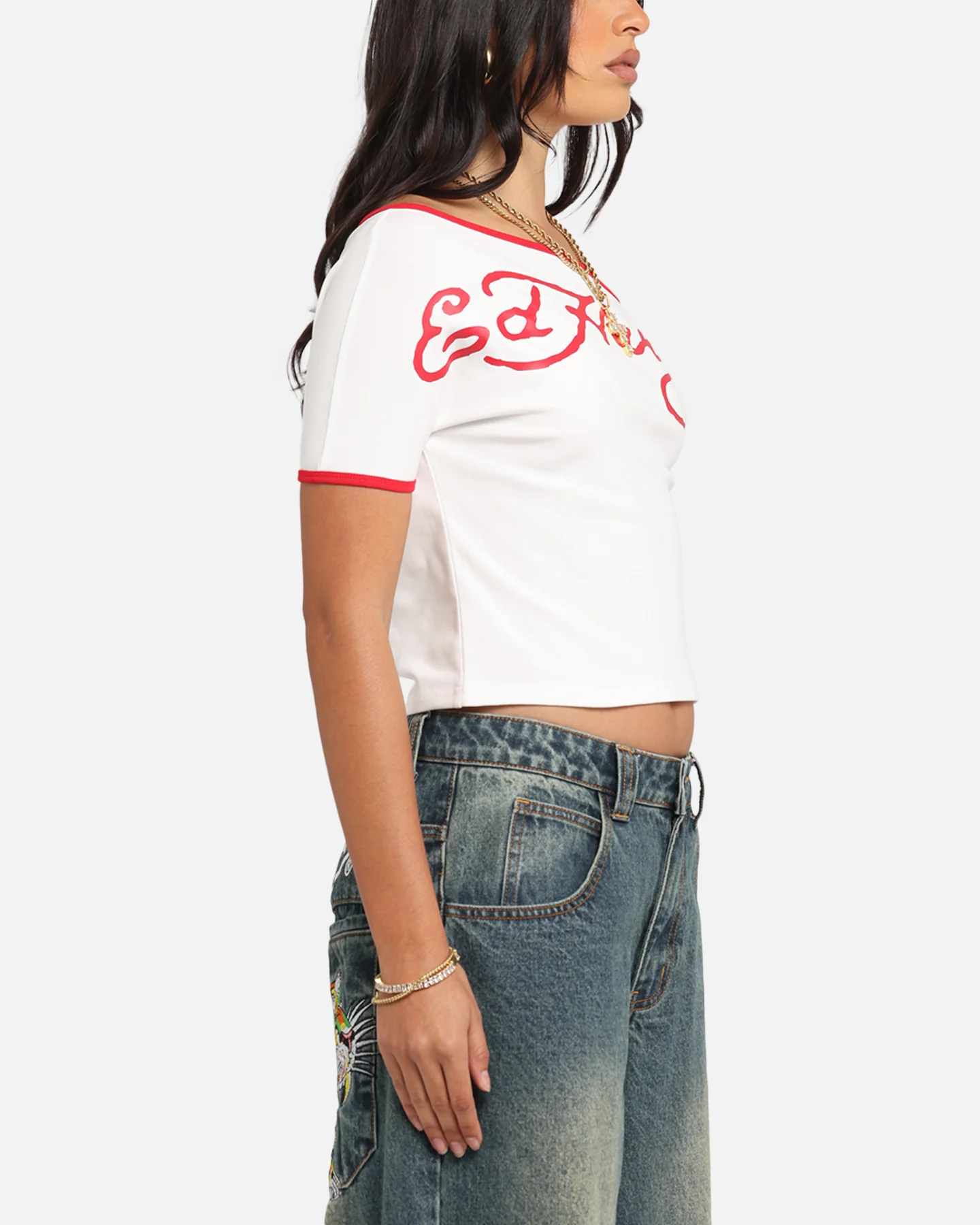 Ed Hardy Women's Aline Baby T-Shirt Off White/Red - Image 4