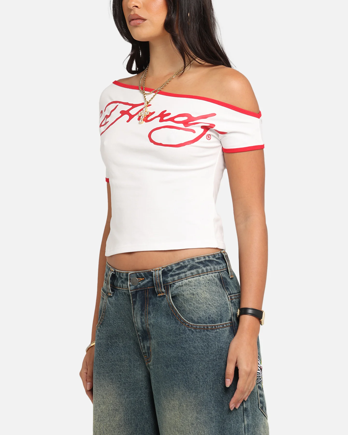 Ed Hardy Women's Aline Baby T-Shirt Off White/Red - Image 5
