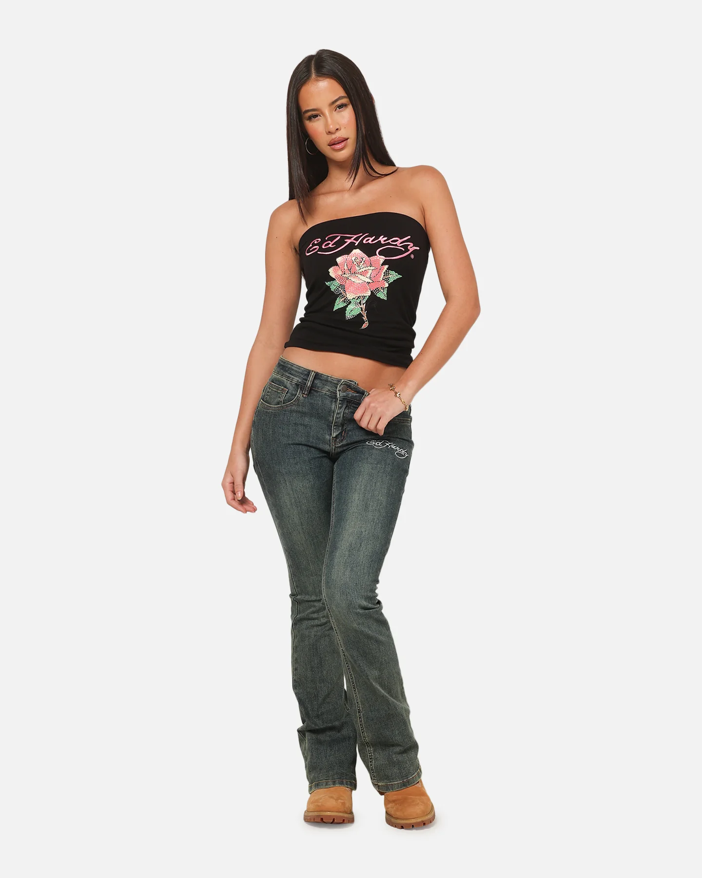 Ed Hardy Women's Rhinestone Rose Boob Tube Black - Image 2