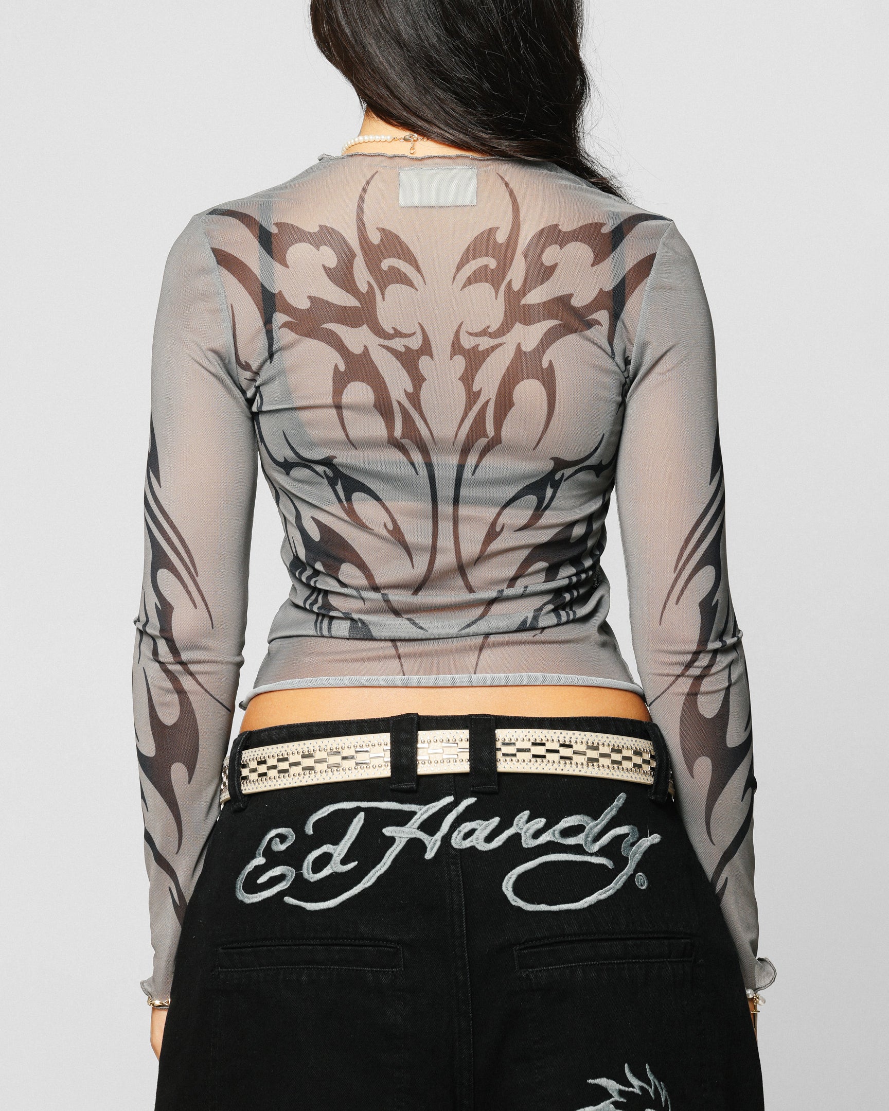 Ed Hardy Women's Techno Long Sleeve Mesh Top Washed Grey - Image 2