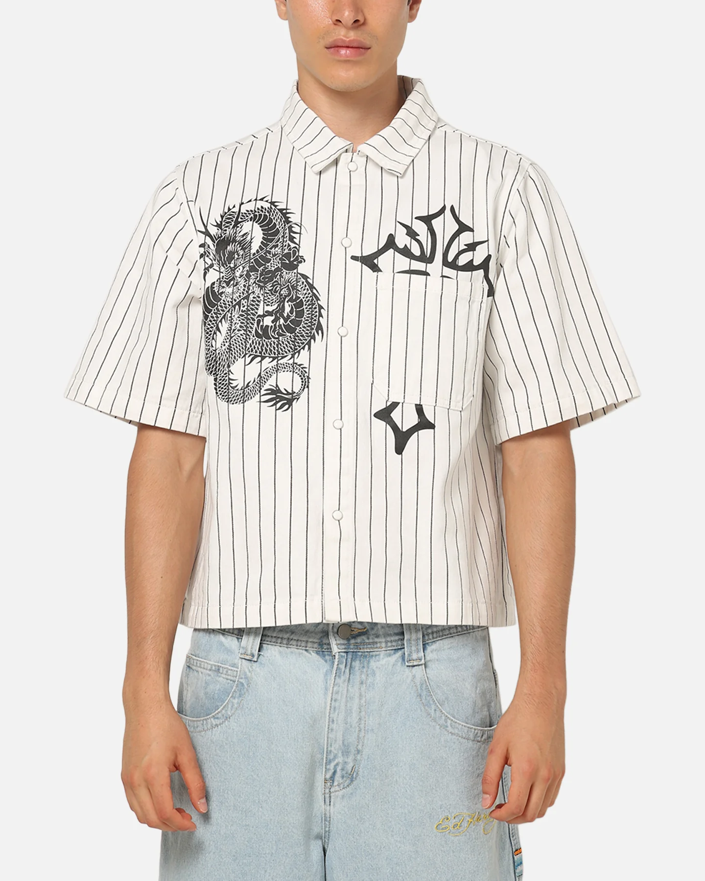 Ed Hardy Euro Short Sleeve Button Up Shirt White Pinstripe