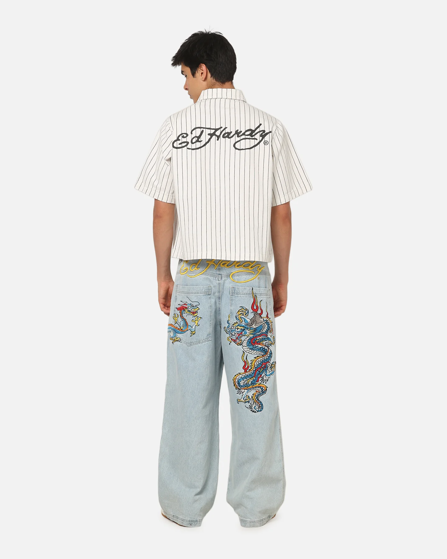 Ed Hardy Euro Short Sleeve Button Up Shirt White Pinstripe - Image 4