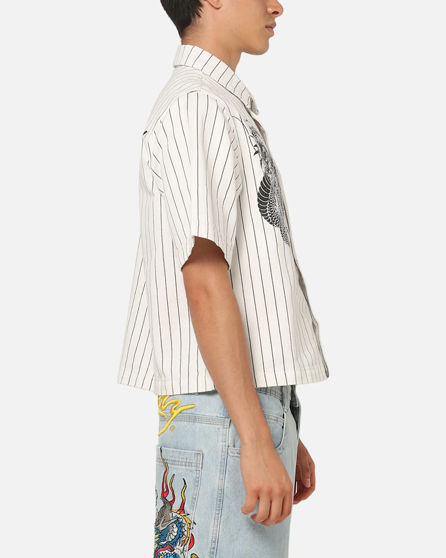 Ed Hardy Euro Short Sleeve Button Up Shirt White Pinstripe - Image 5