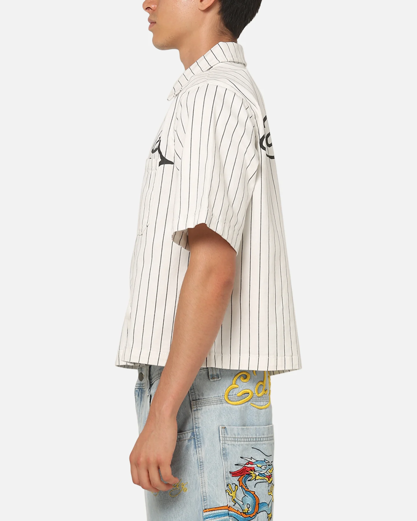 Ed Hardy Euro Short Sleeve Button Up Shirt White Pinstripe - Image 6