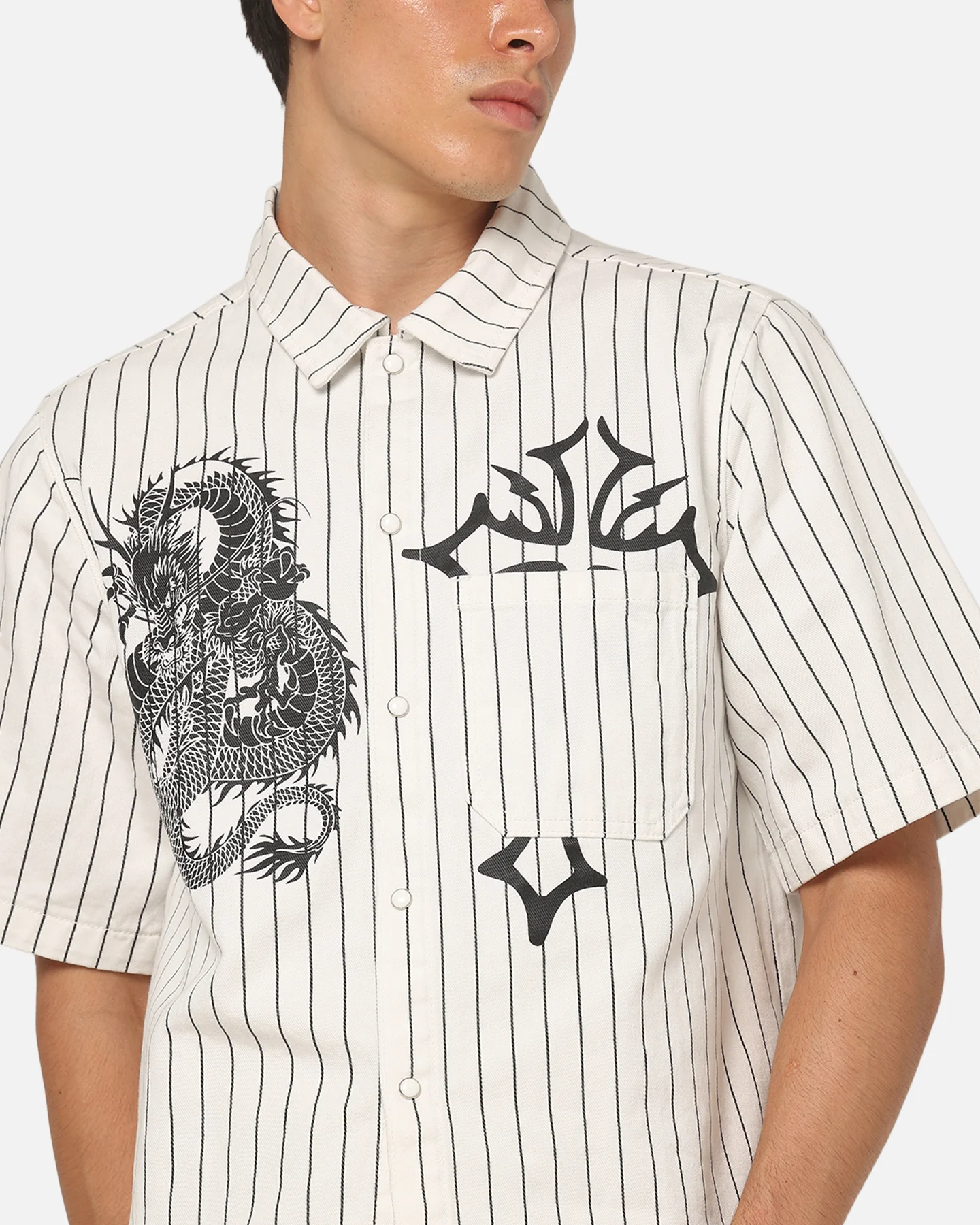 Ed Hardy Euro Short Sleeve Button Up Shirt White Pinstripe - Image 7