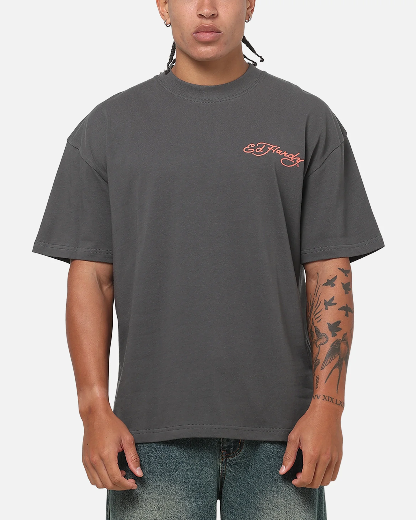 Ed Hardy Floral Skull T-Shirt Charcoal - Image 2