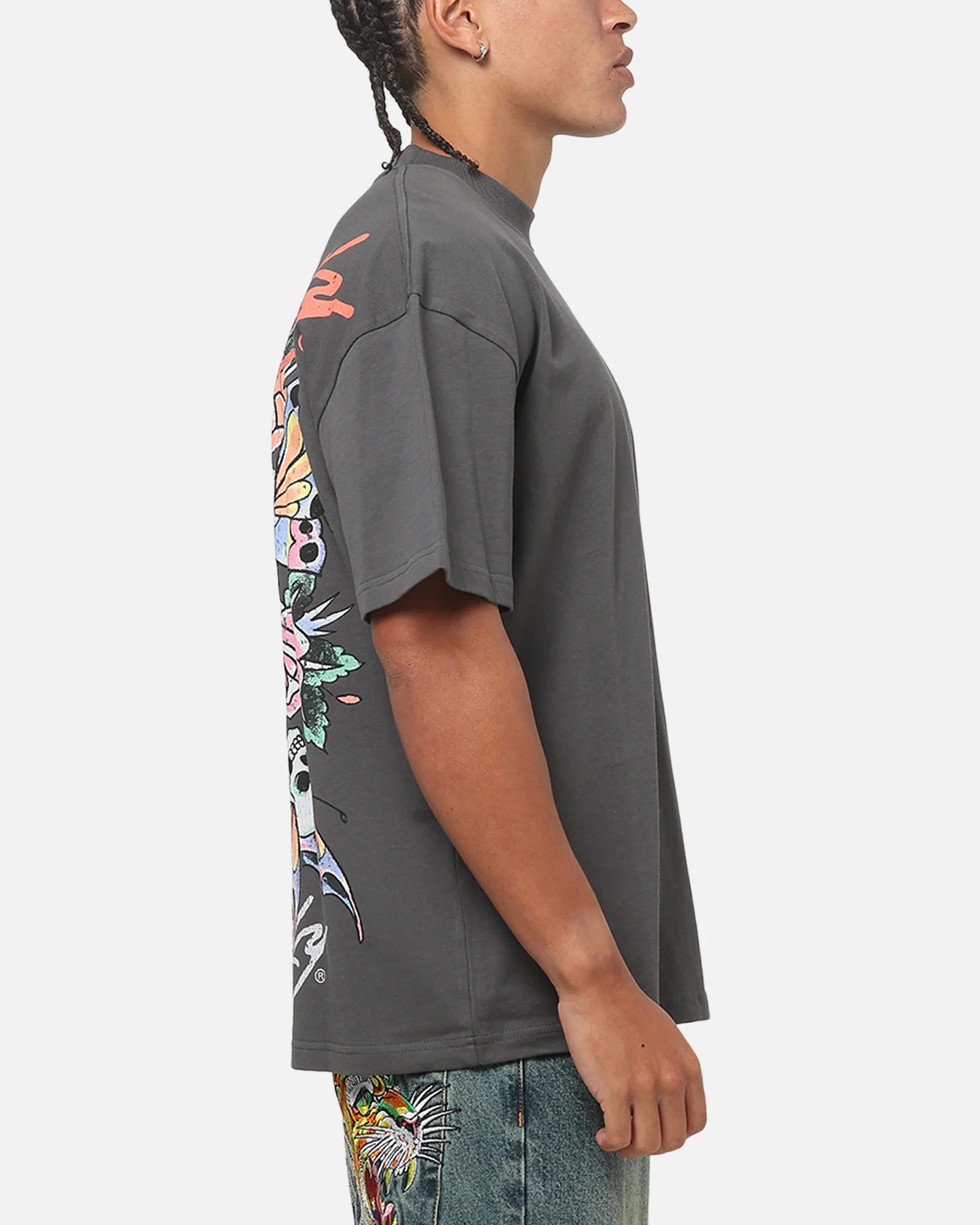 Ed Hardy Floral Skull T-Shirt Charcoal - Image 5