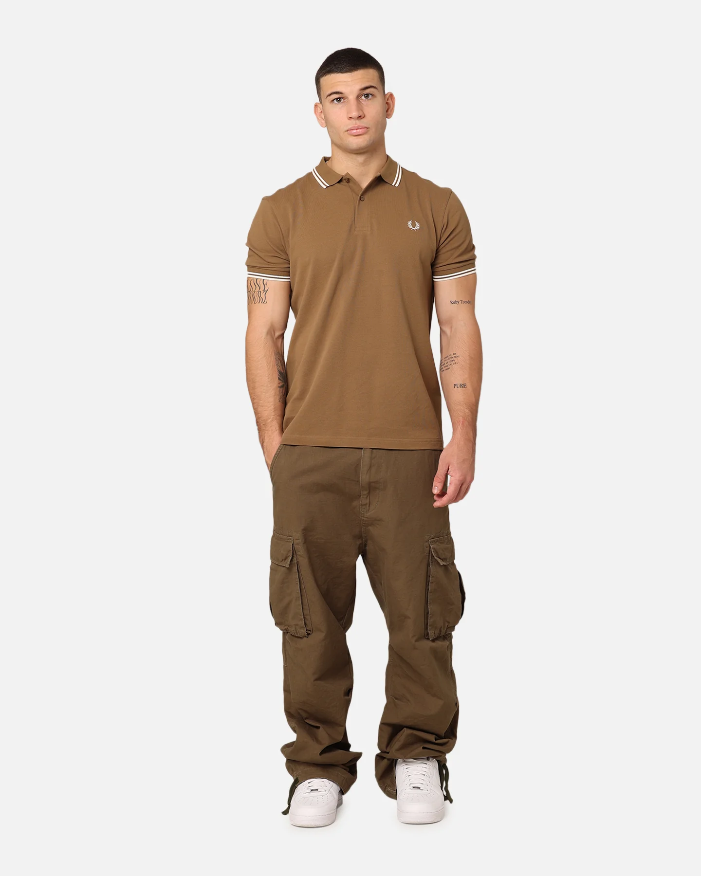 Fred Perry Twin Tipped Polo Shirt Shade Stone/White - Image 2