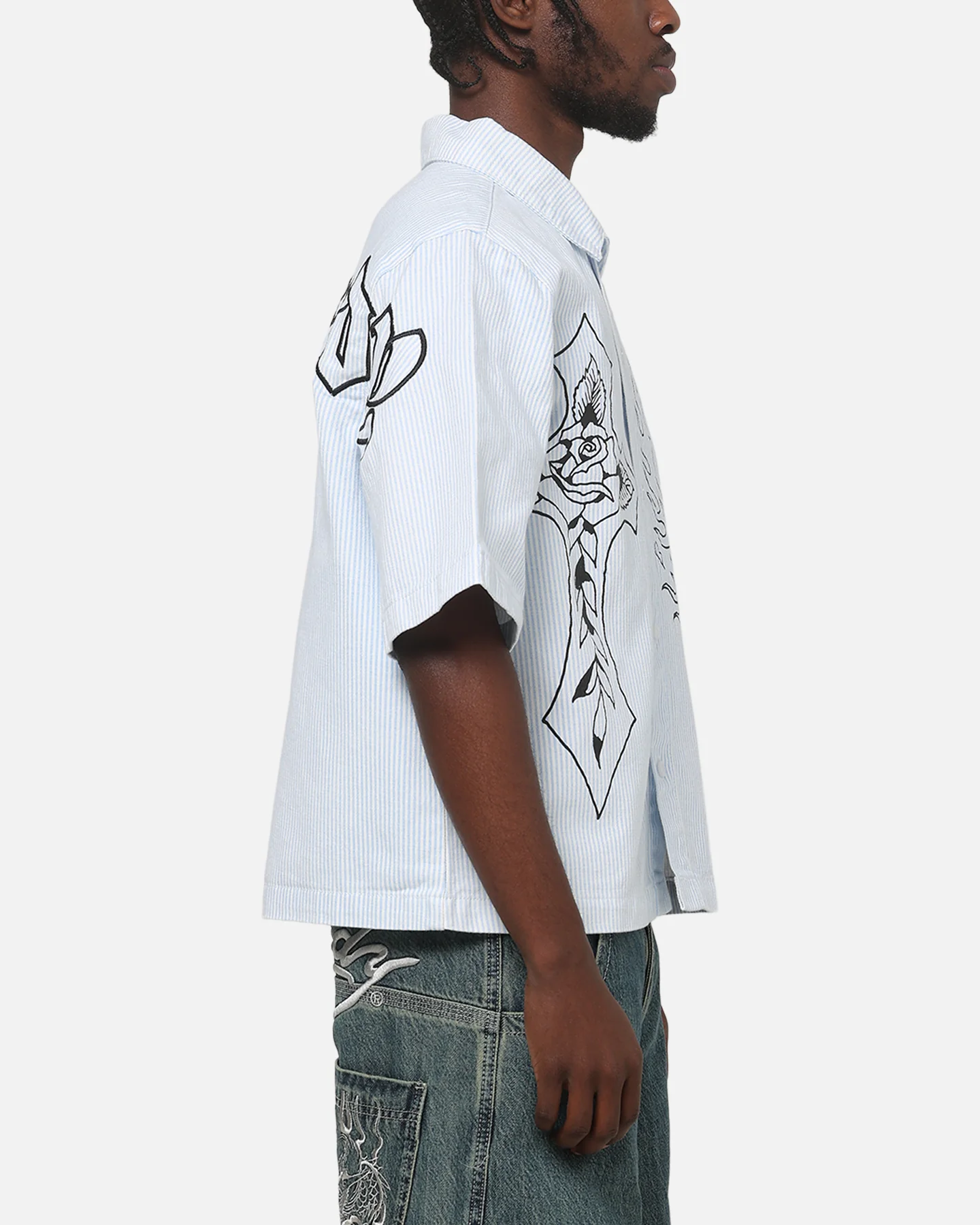 Ed Hardy Ghost Tattoo Button Up Shirt Blue Pinstripe - Image 5